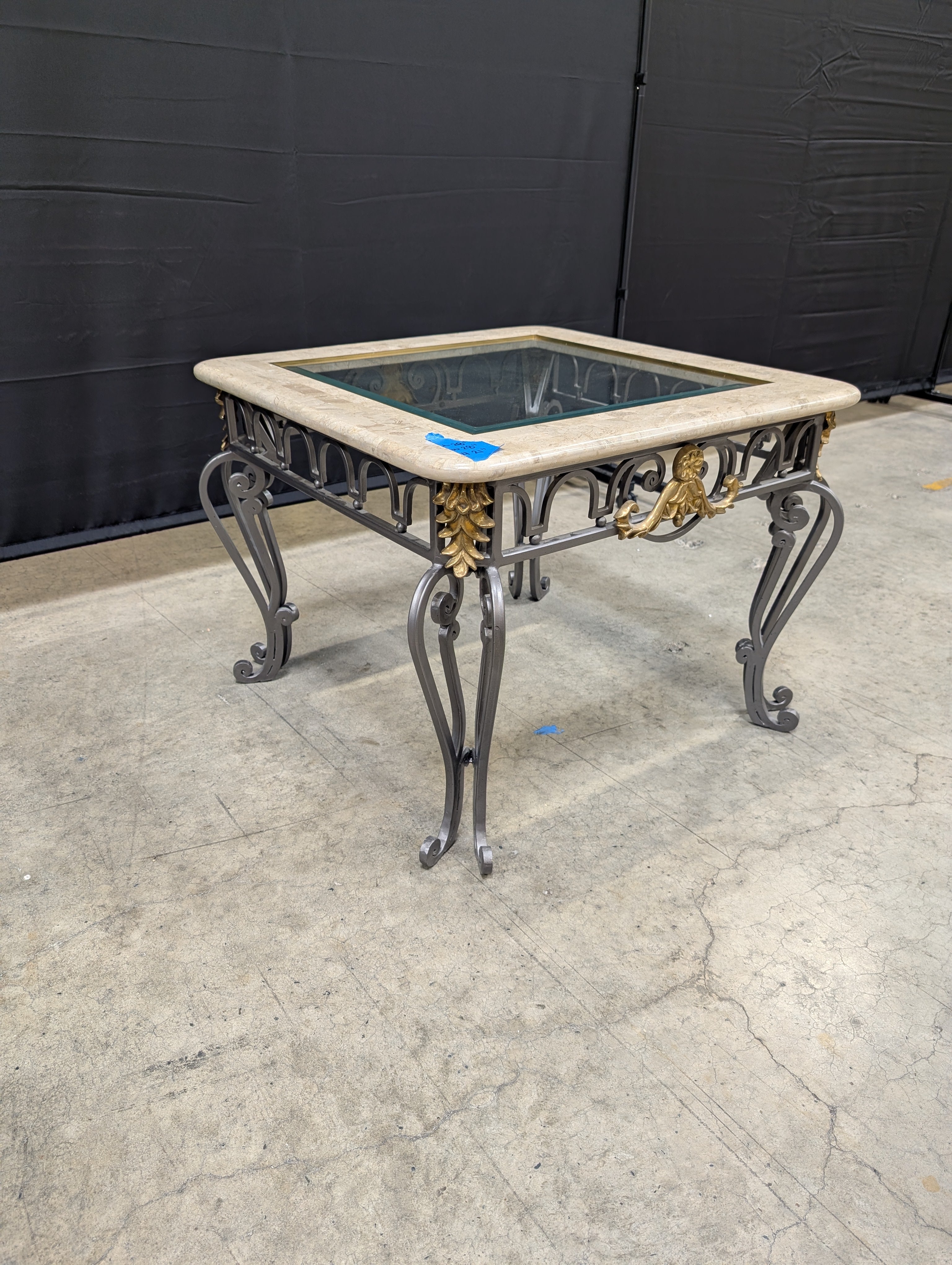 Stone Top Glass Insert Side Table with Scrollwork Metal Base