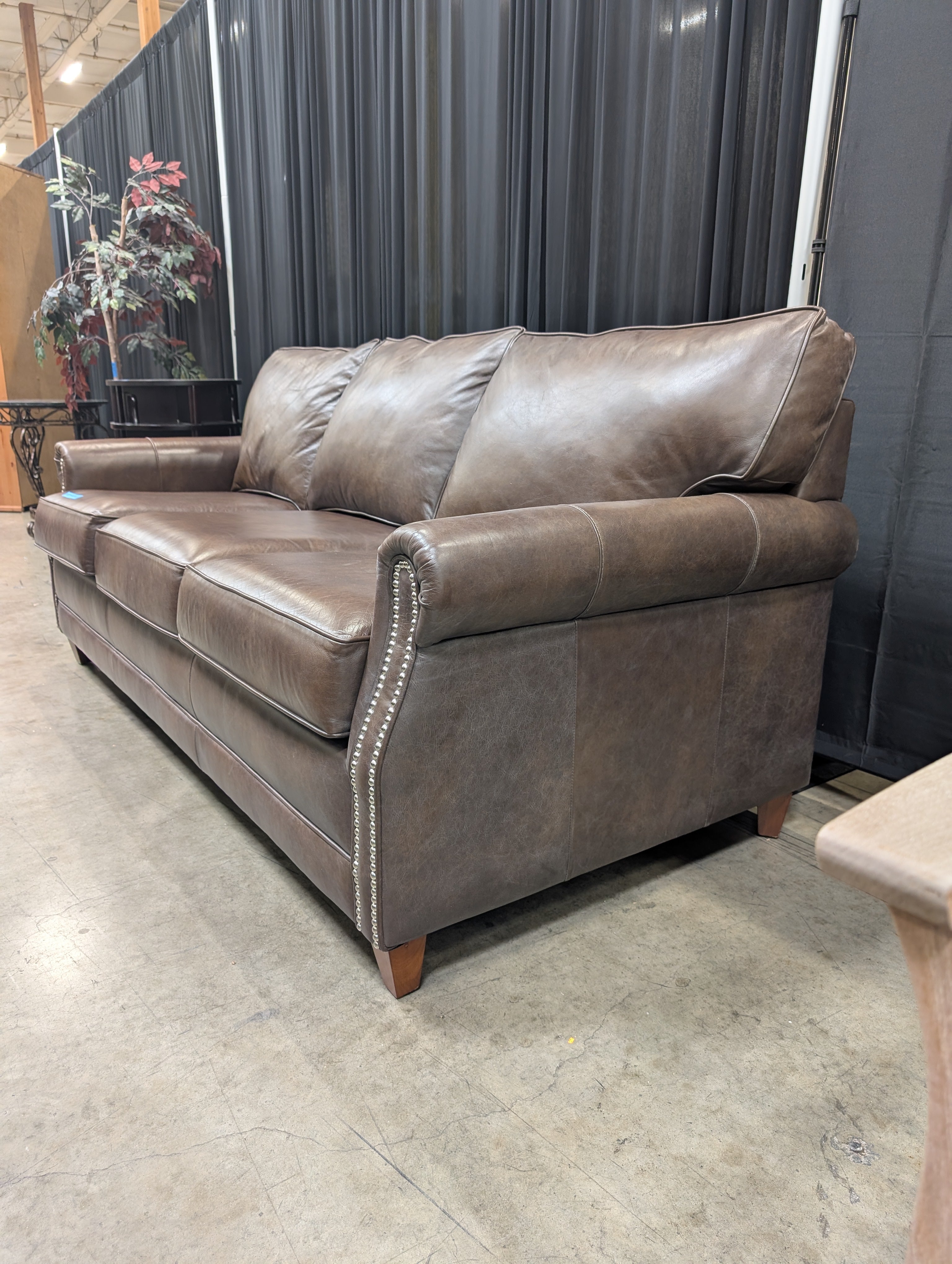 Brown Leather Three-Seat Couch with Nailhead Trim