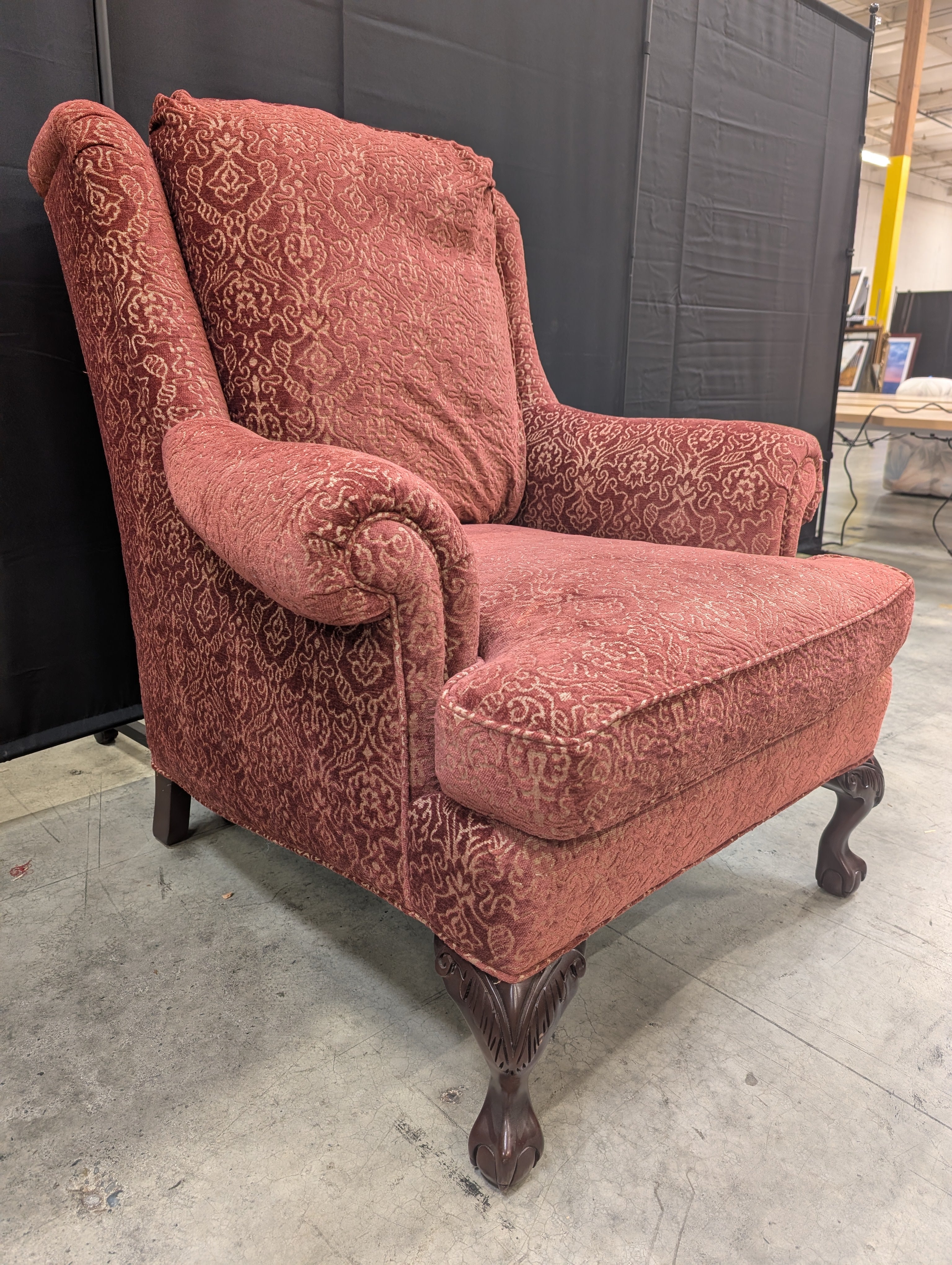 Burgundy Wingback Jessica Charles Armchair with Carved Legs