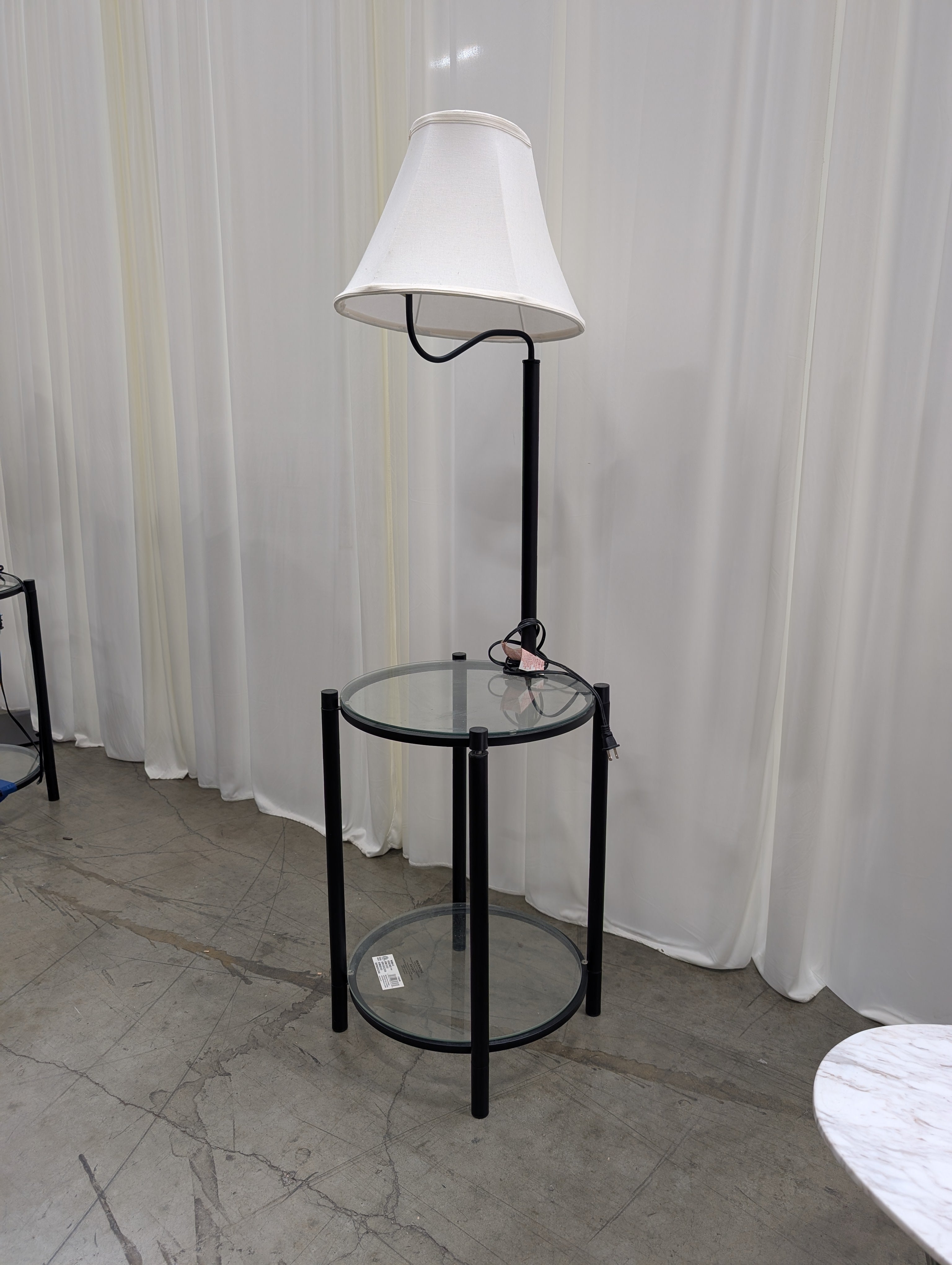 Black Metal Floor Lamp with White Shade Round Glass End Table