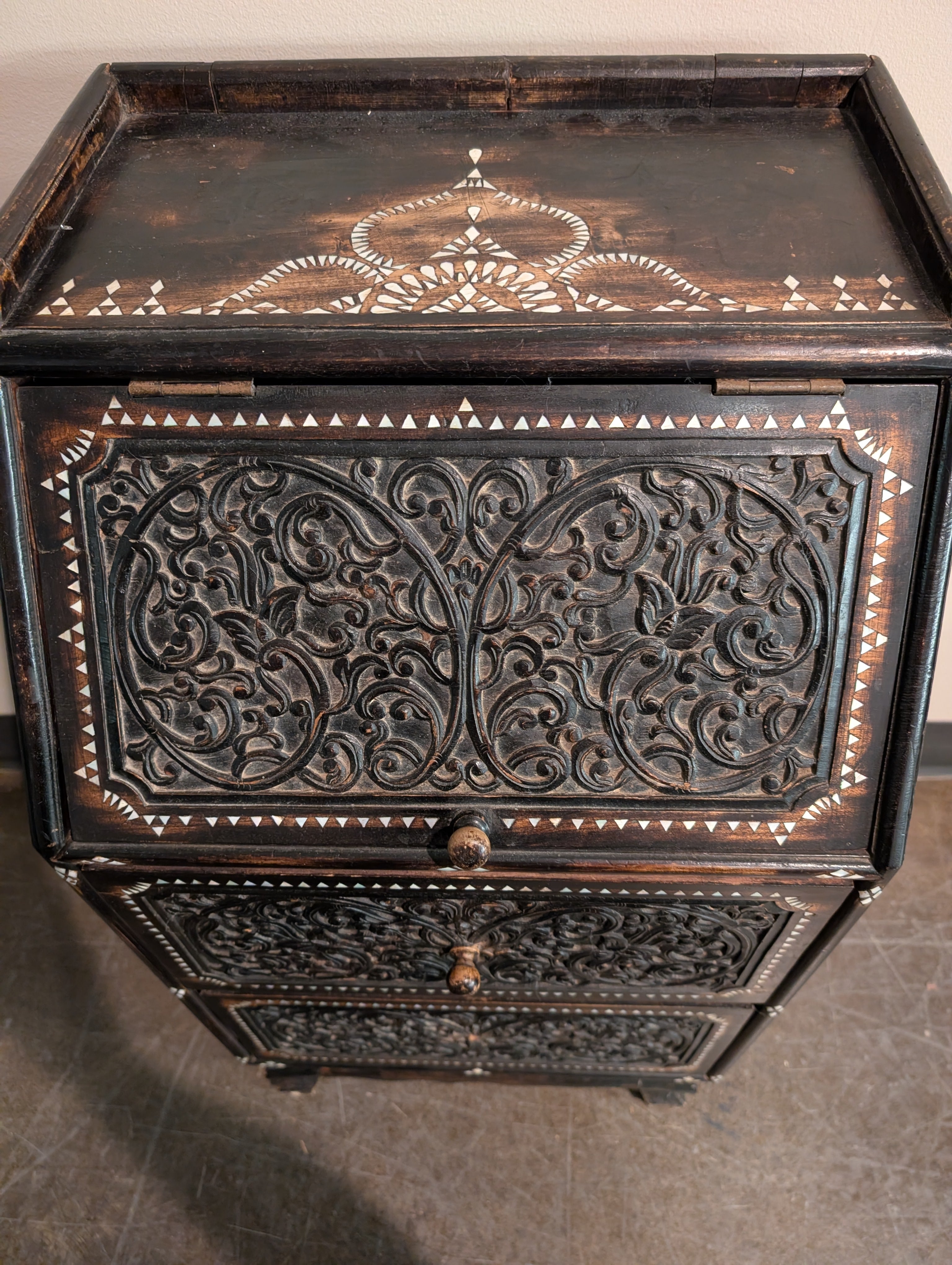 Intricate Carved Dark Wood Inlay Secretary Desk