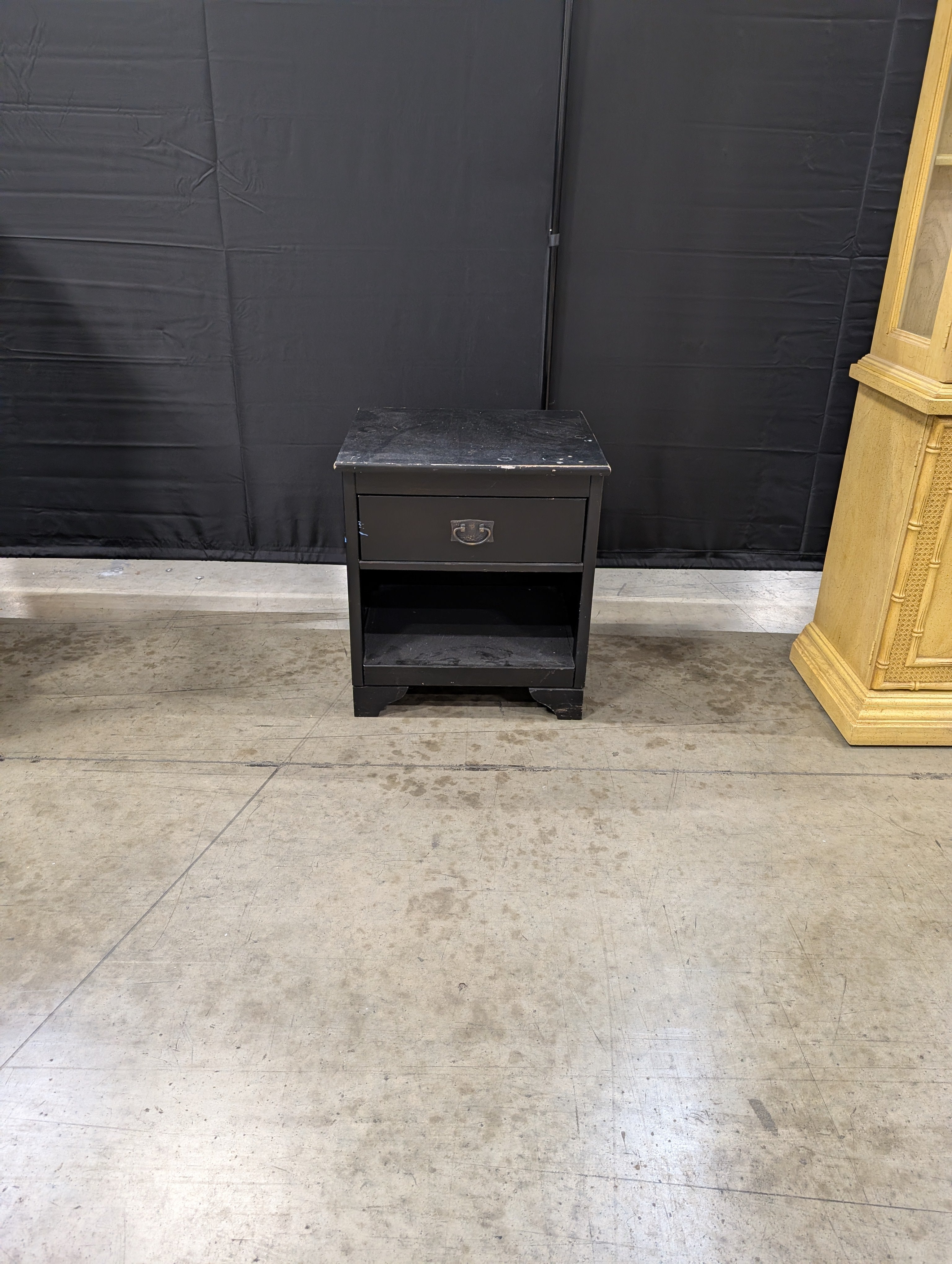 used Dark Finish Bedside Table with Drawer and Open Shelf