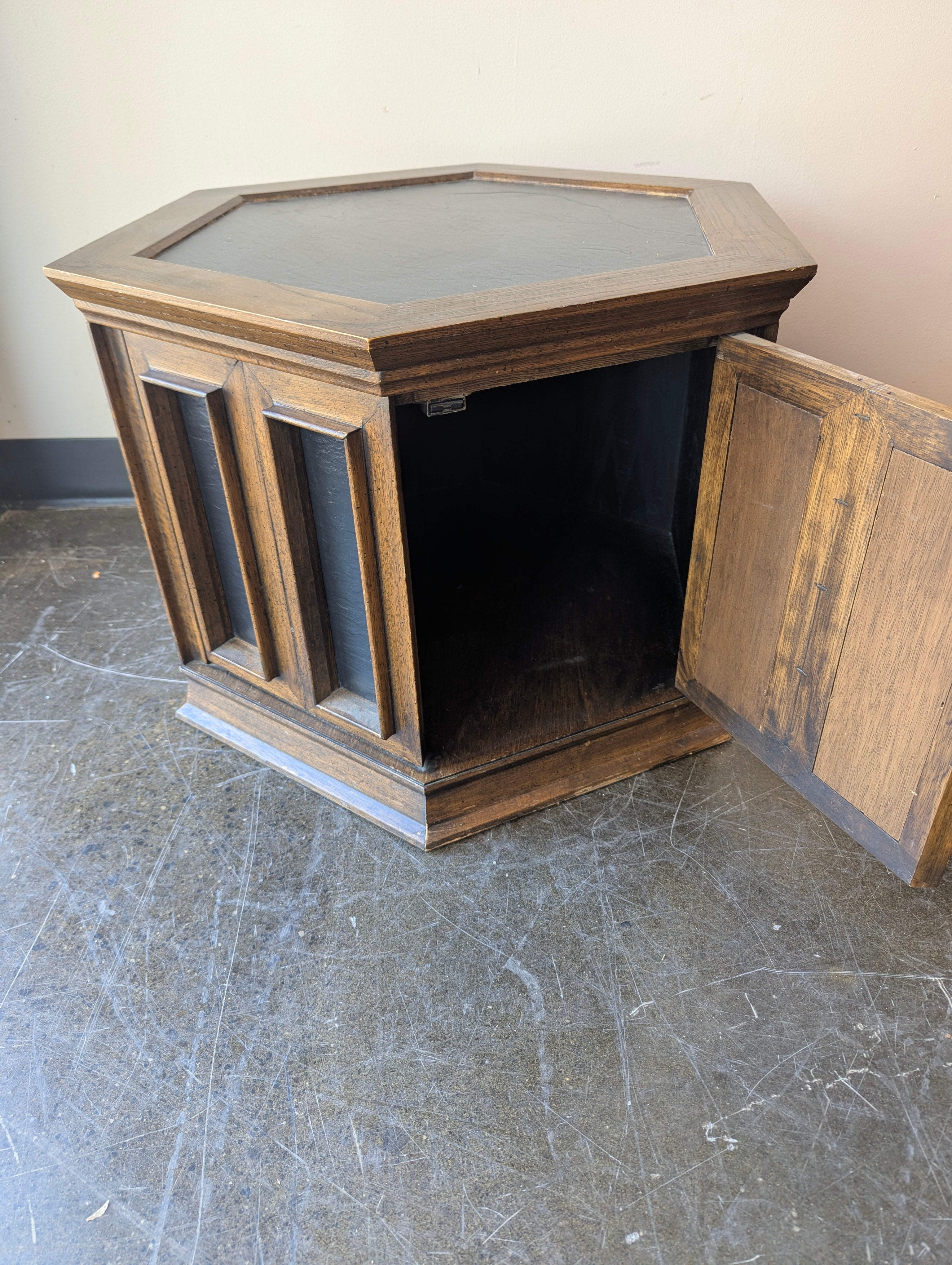 Hexagonal Wood Accent Table with Paneled Sides