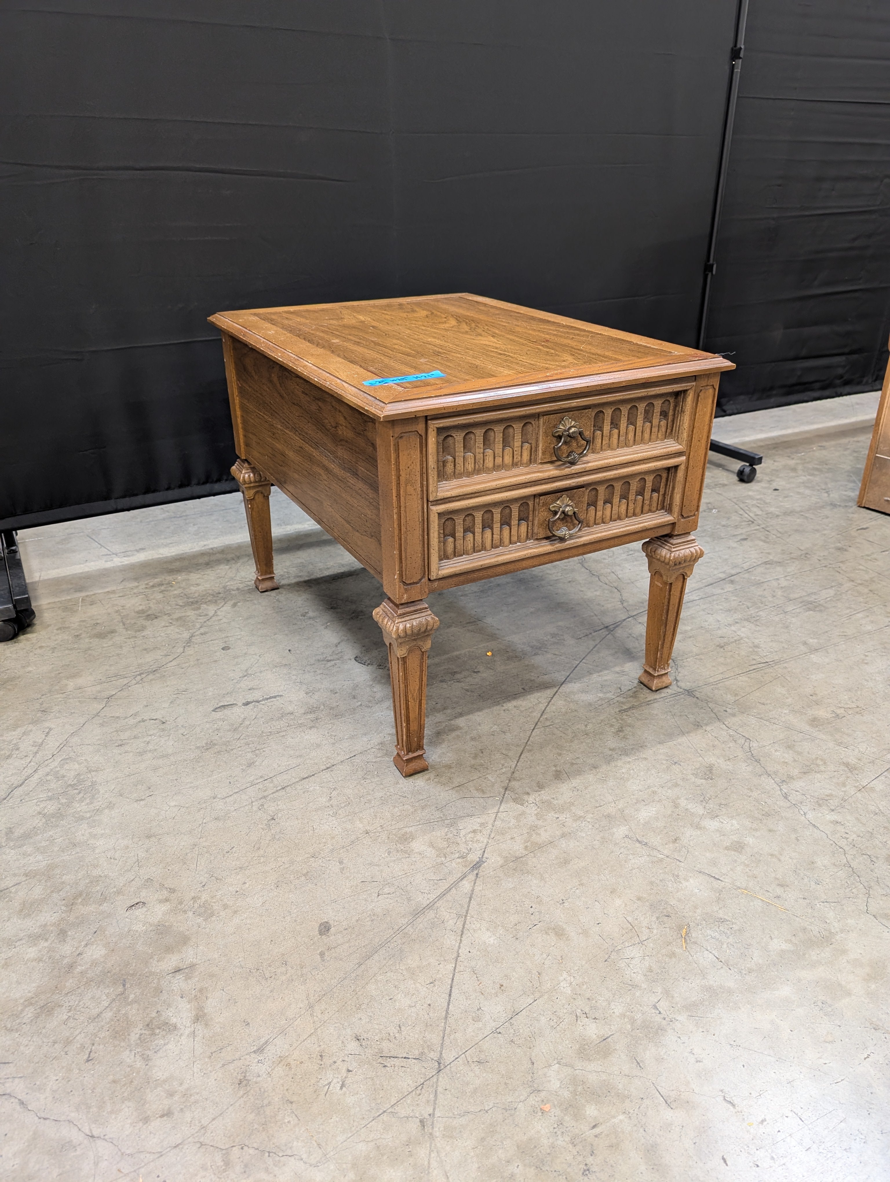 Vintage Carved Hardwood Two-Drawer Nightstand