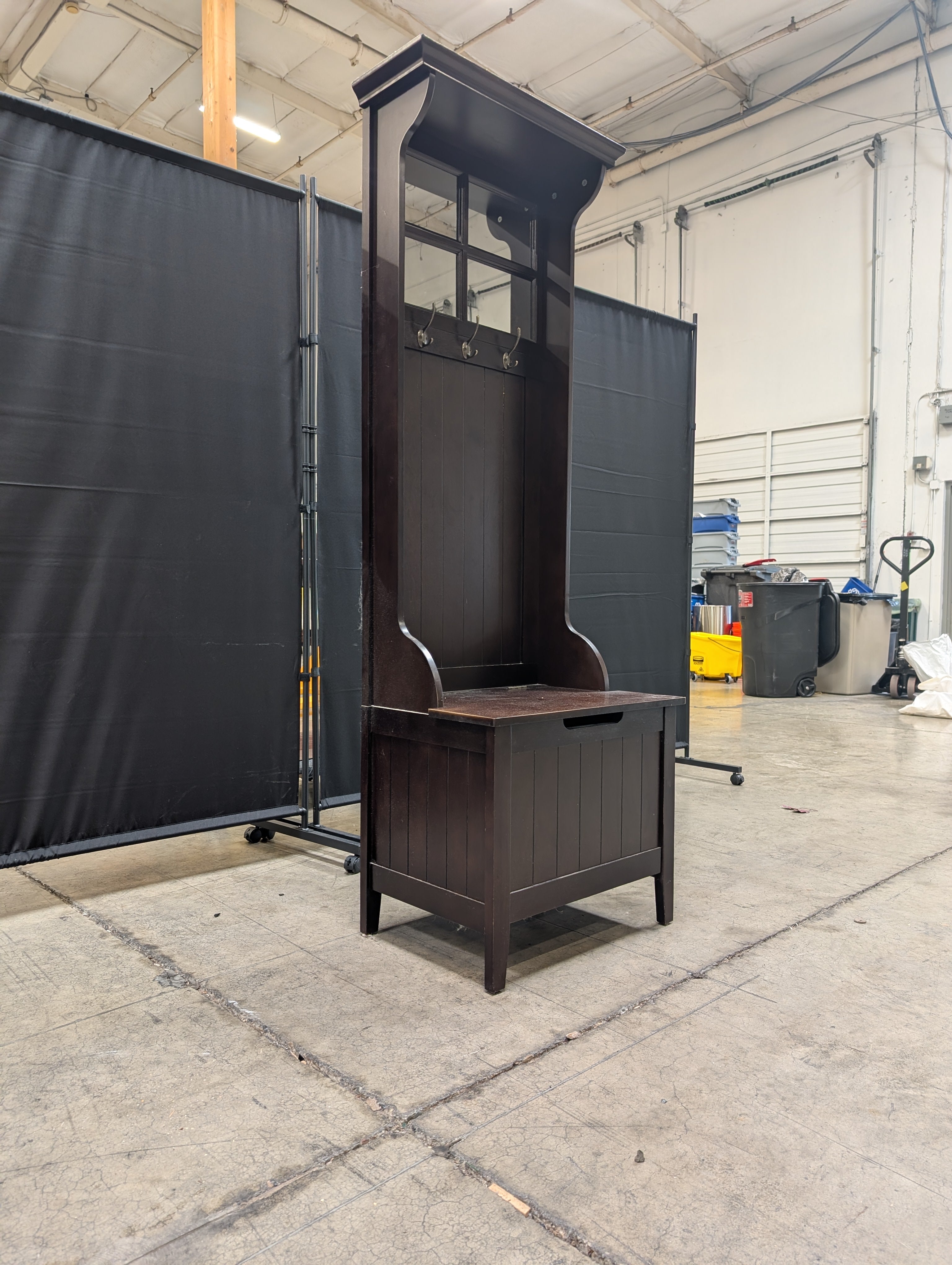 Dark Wood Hall Tree with Mirror and Storage Bench