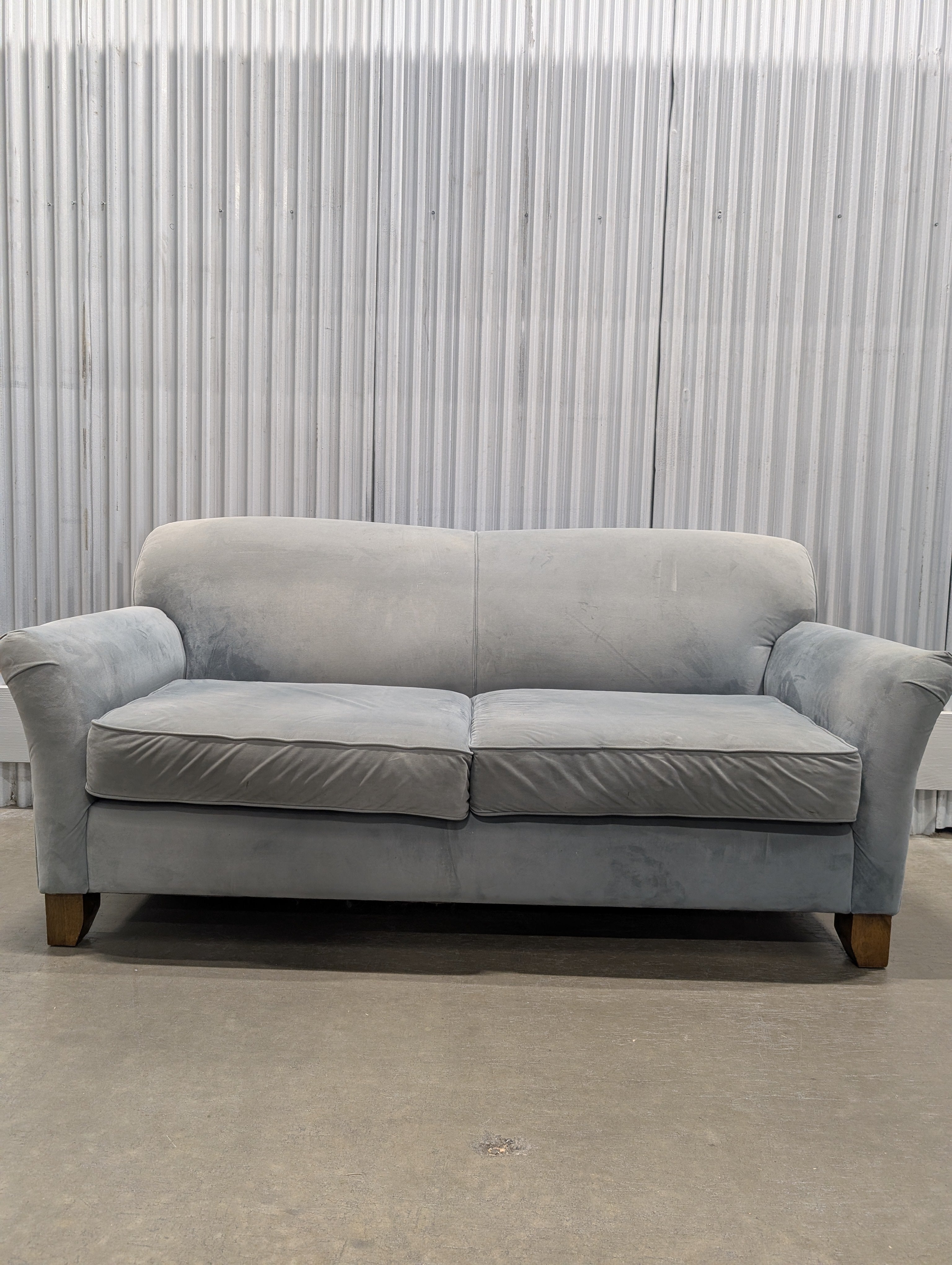 Classic Light Blue-Grey Fabric Sofa with Rolled Arms