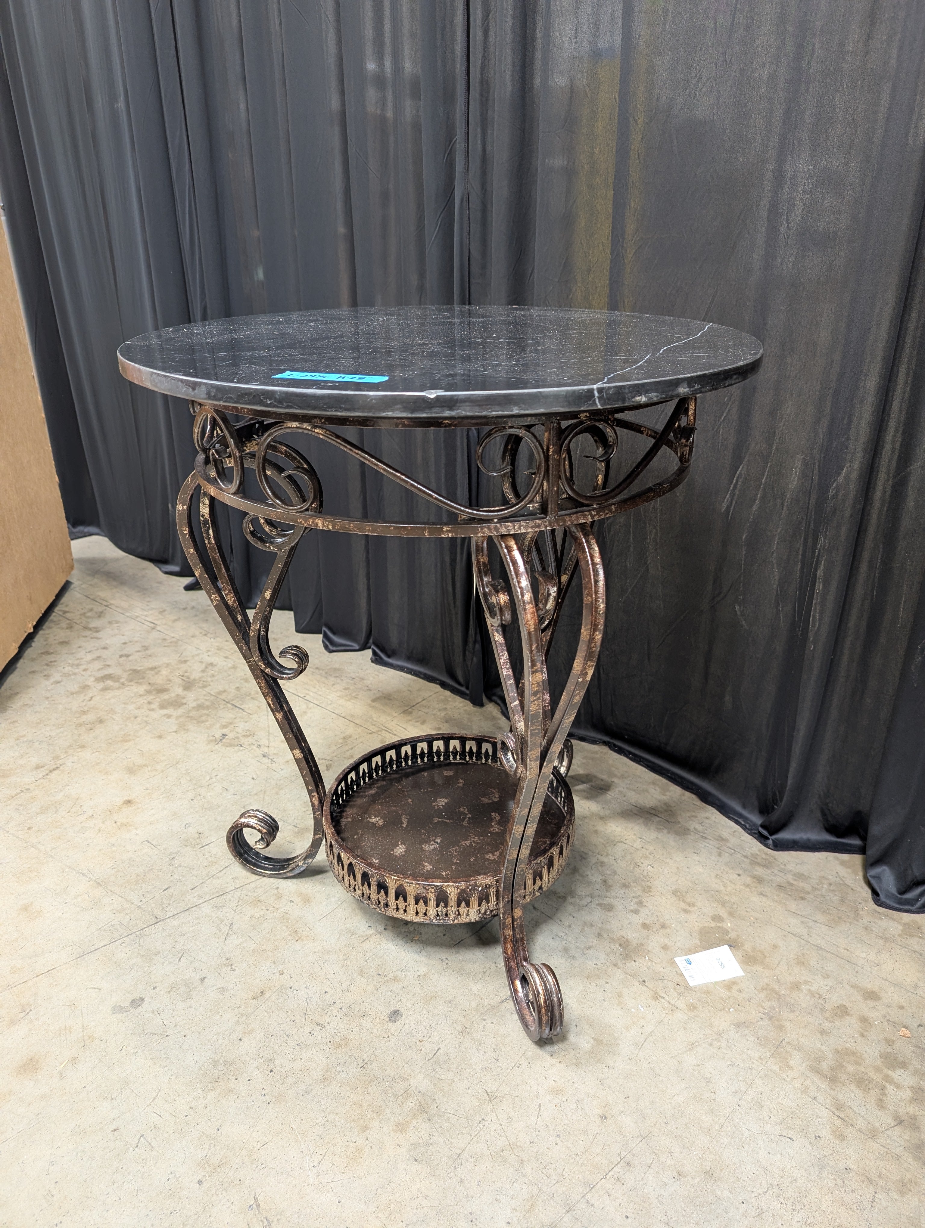 Round Black Marble End Table with Scrollwork Base