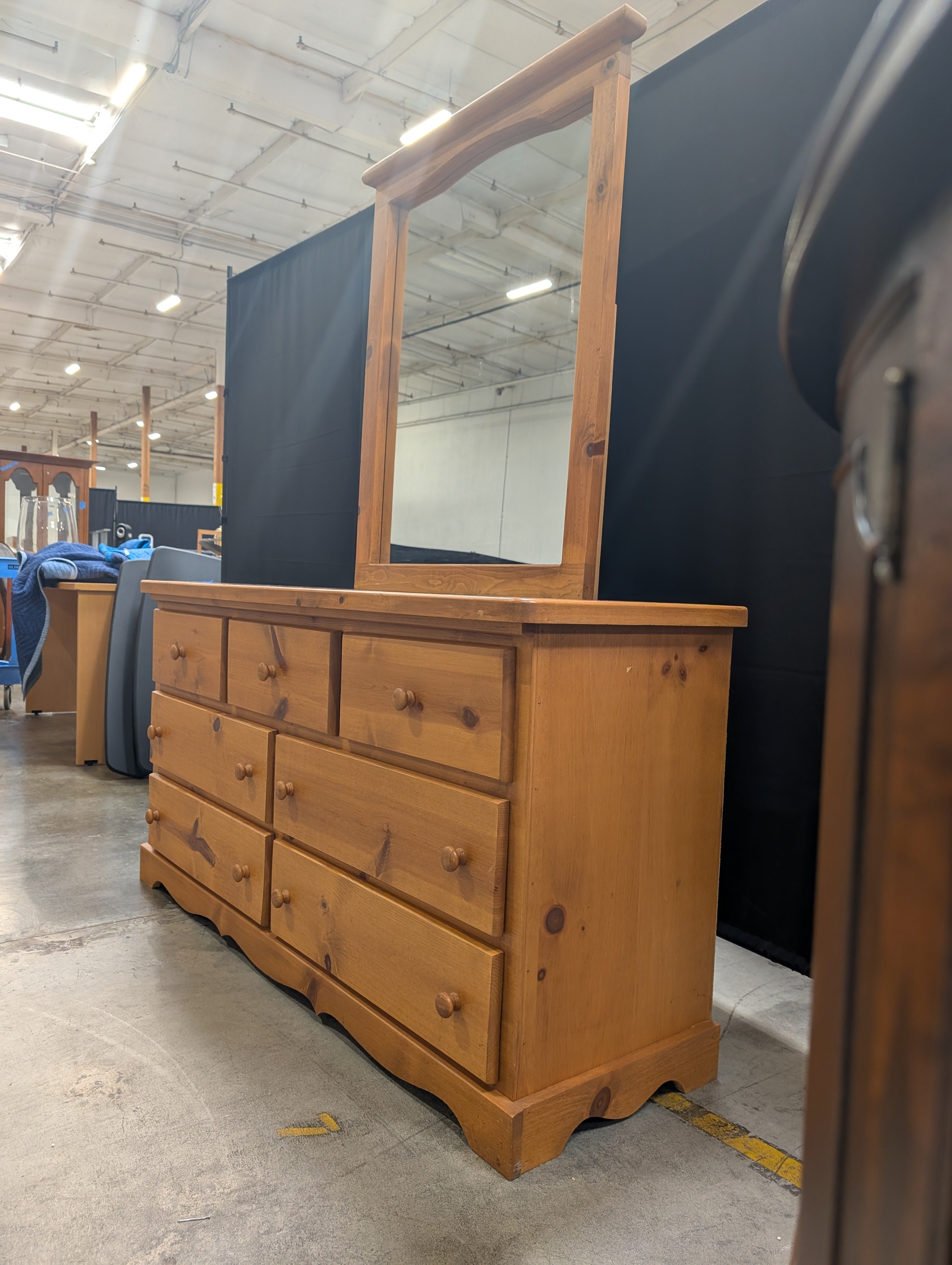 Solid Wood Dresser with Matching Arched Mirror, Honey Pine Finish