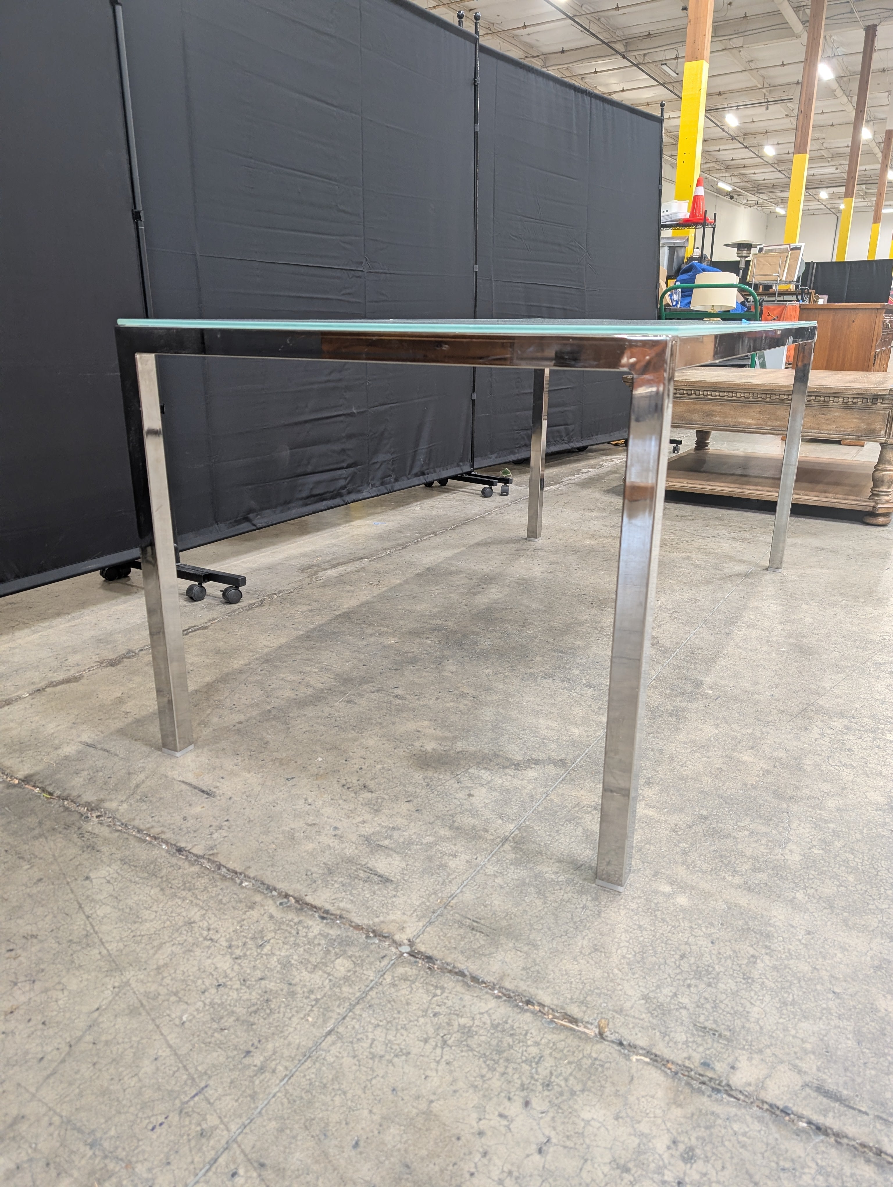 Contemporary Frosted Glass Top Dining Table with Polished Metal Legs