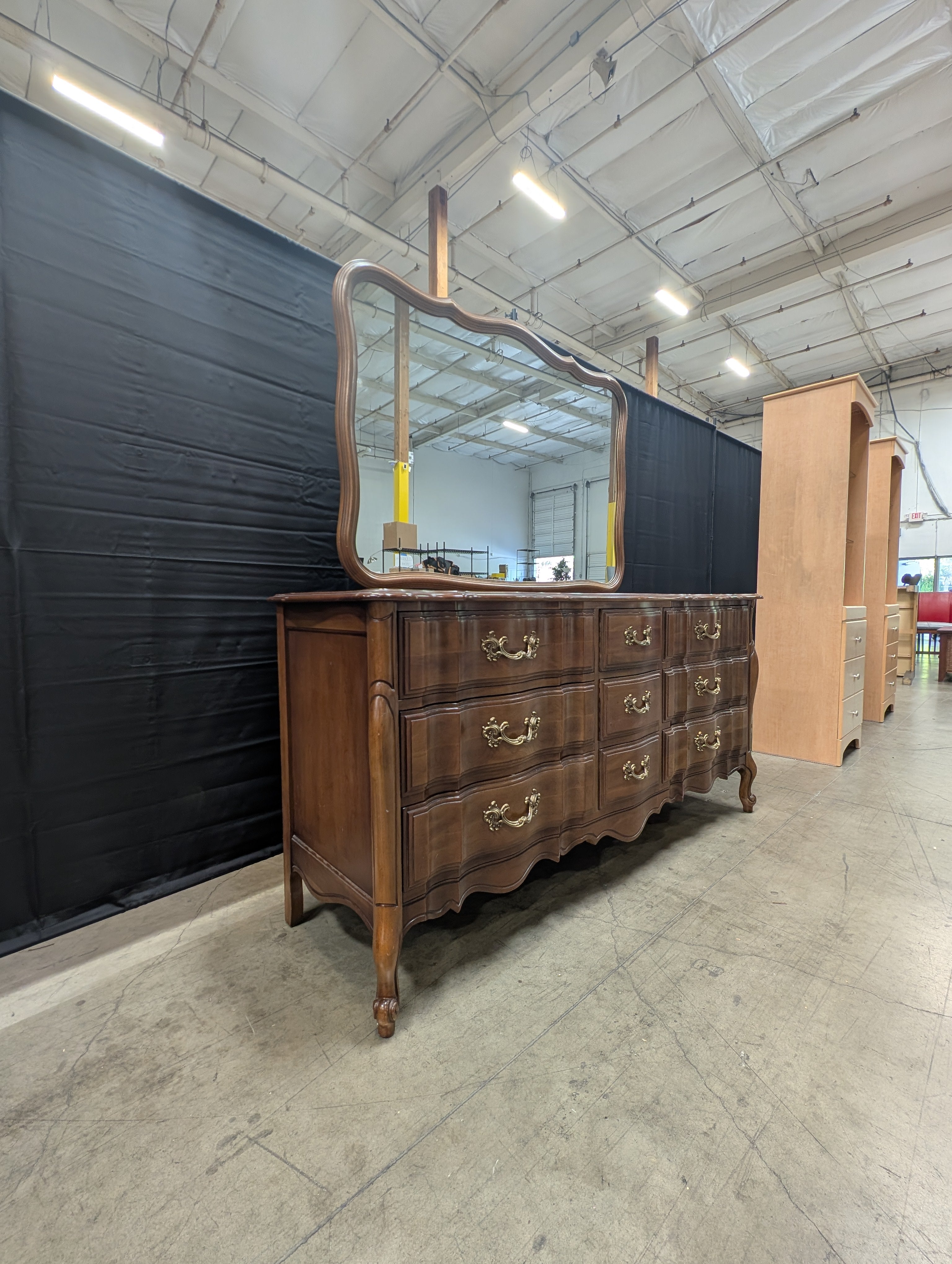Vintage French Provincial Style Triple Dresser with Ornate Mirror