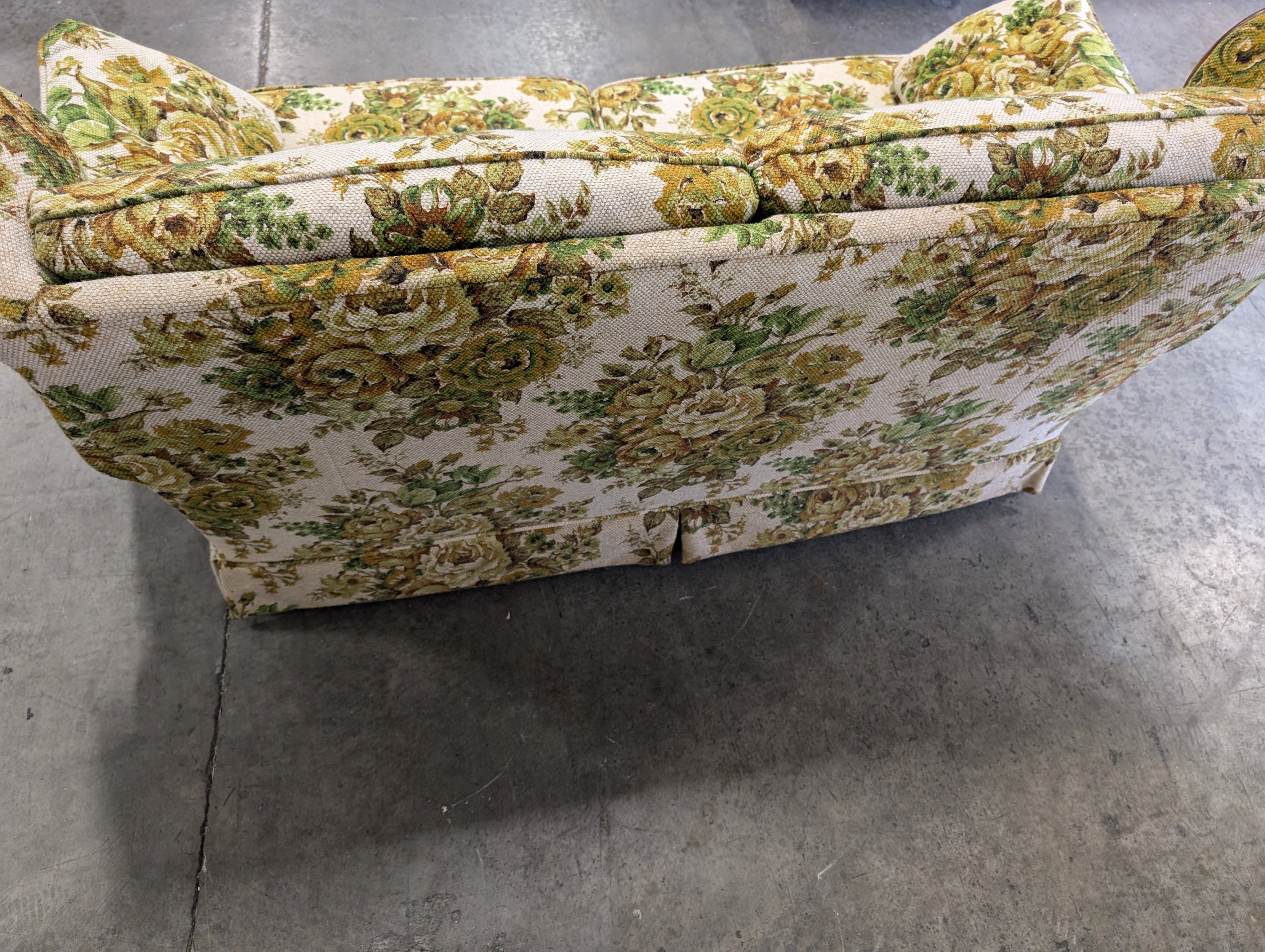 Vintage Floral Upholstered Two-Seater Sofa with Wood Accents