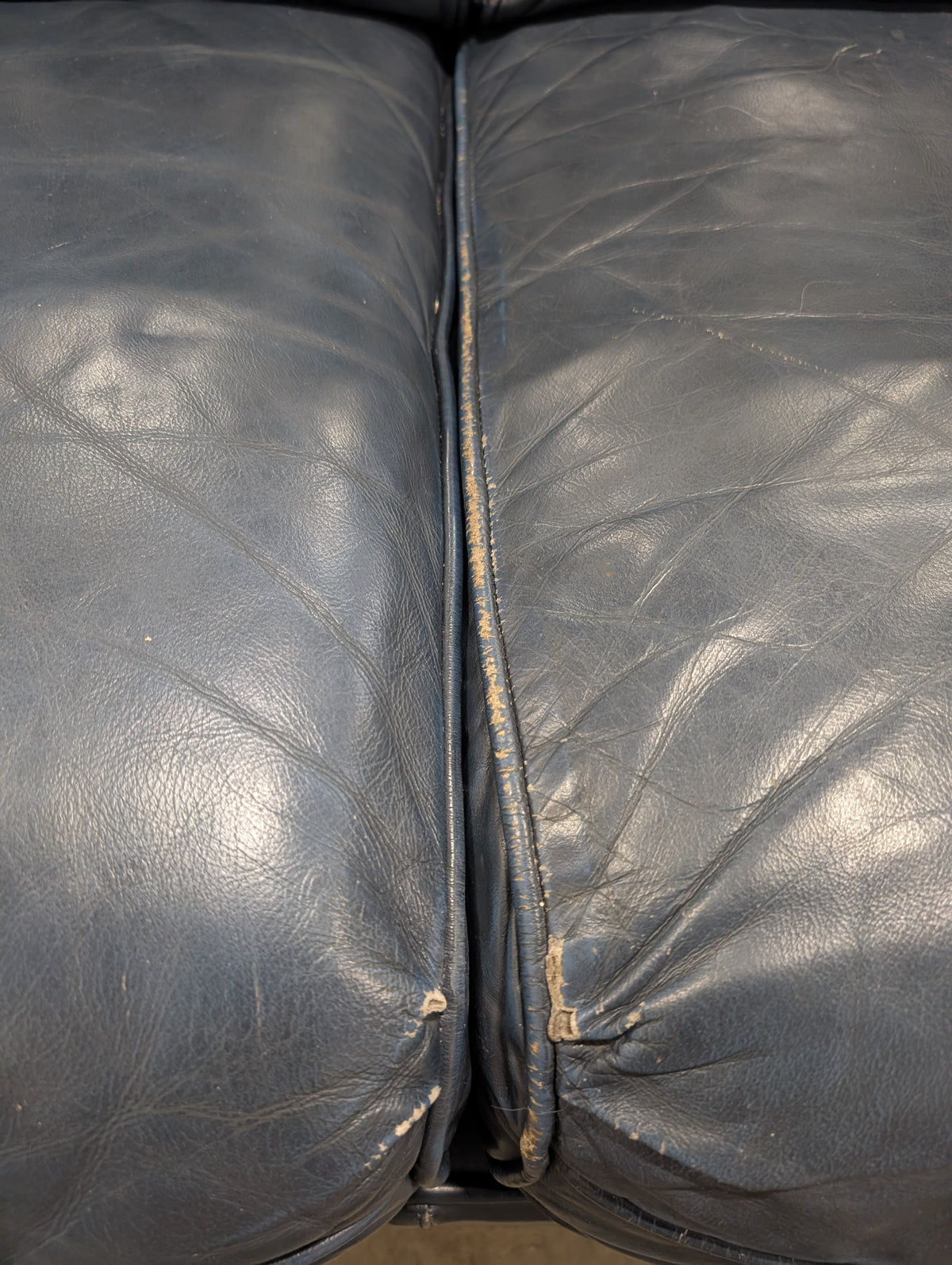 Drexel Dark Blue Leather Three-Cushion Couch with Nailhead Trim