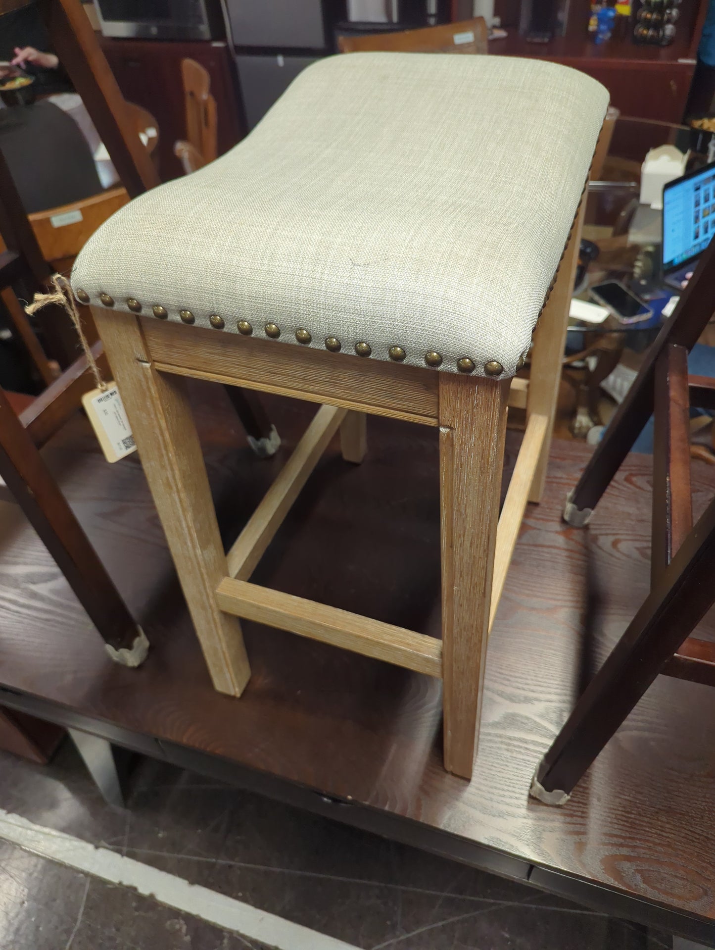 Fabric Upholstered Tan Barstool with Metal Rivets