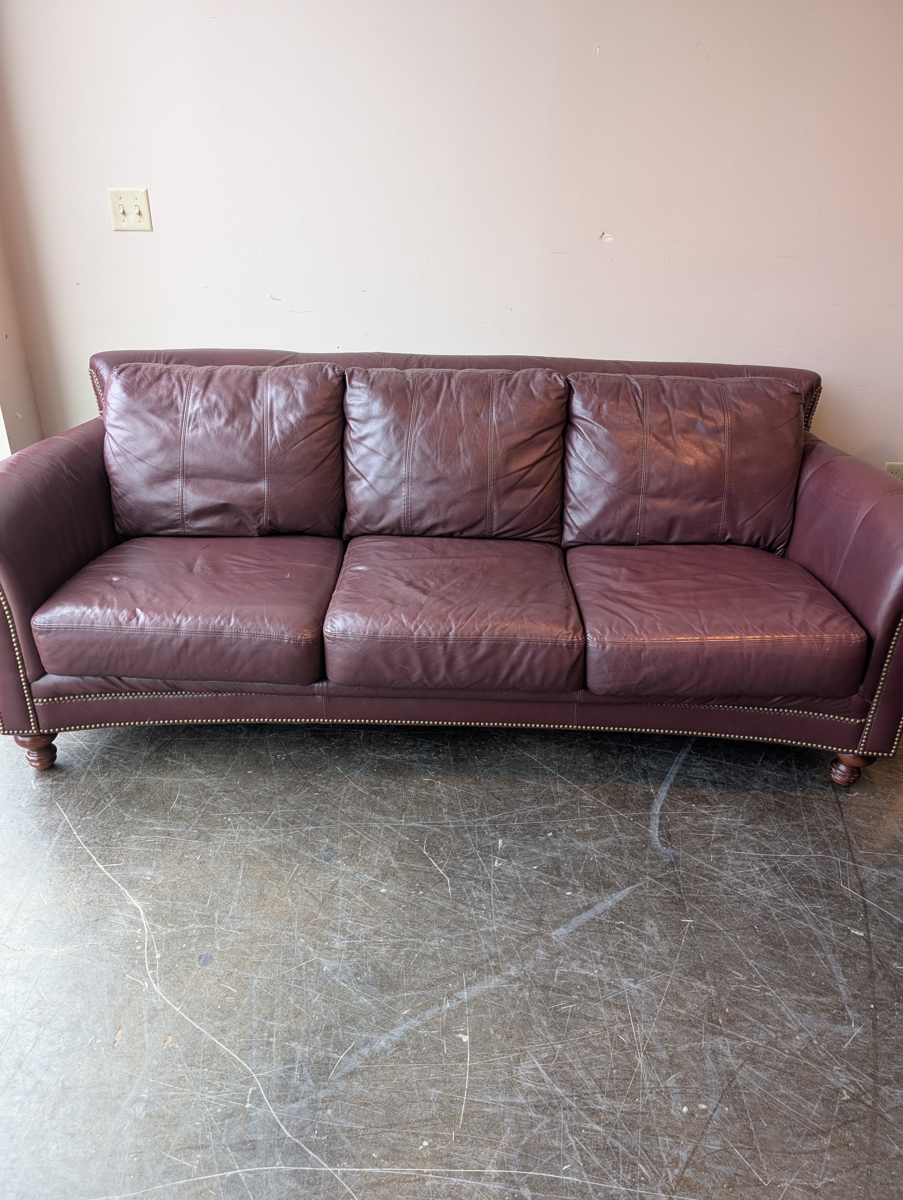 Burgundy Leather Three-Seat Sofa with Rolled Arms