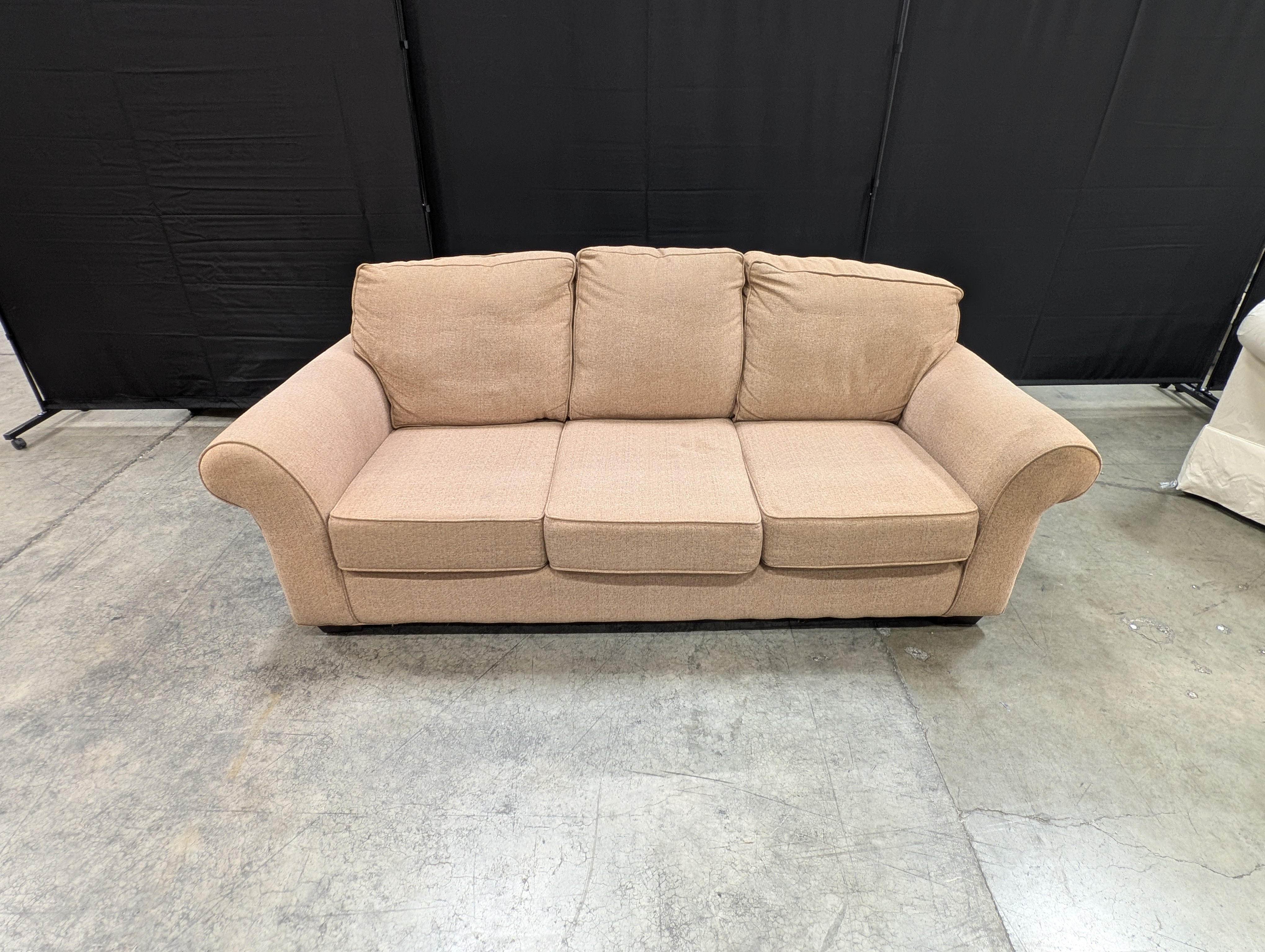 Neutral Beige Thomasville Three-Seat Sofa with Rolled Arms