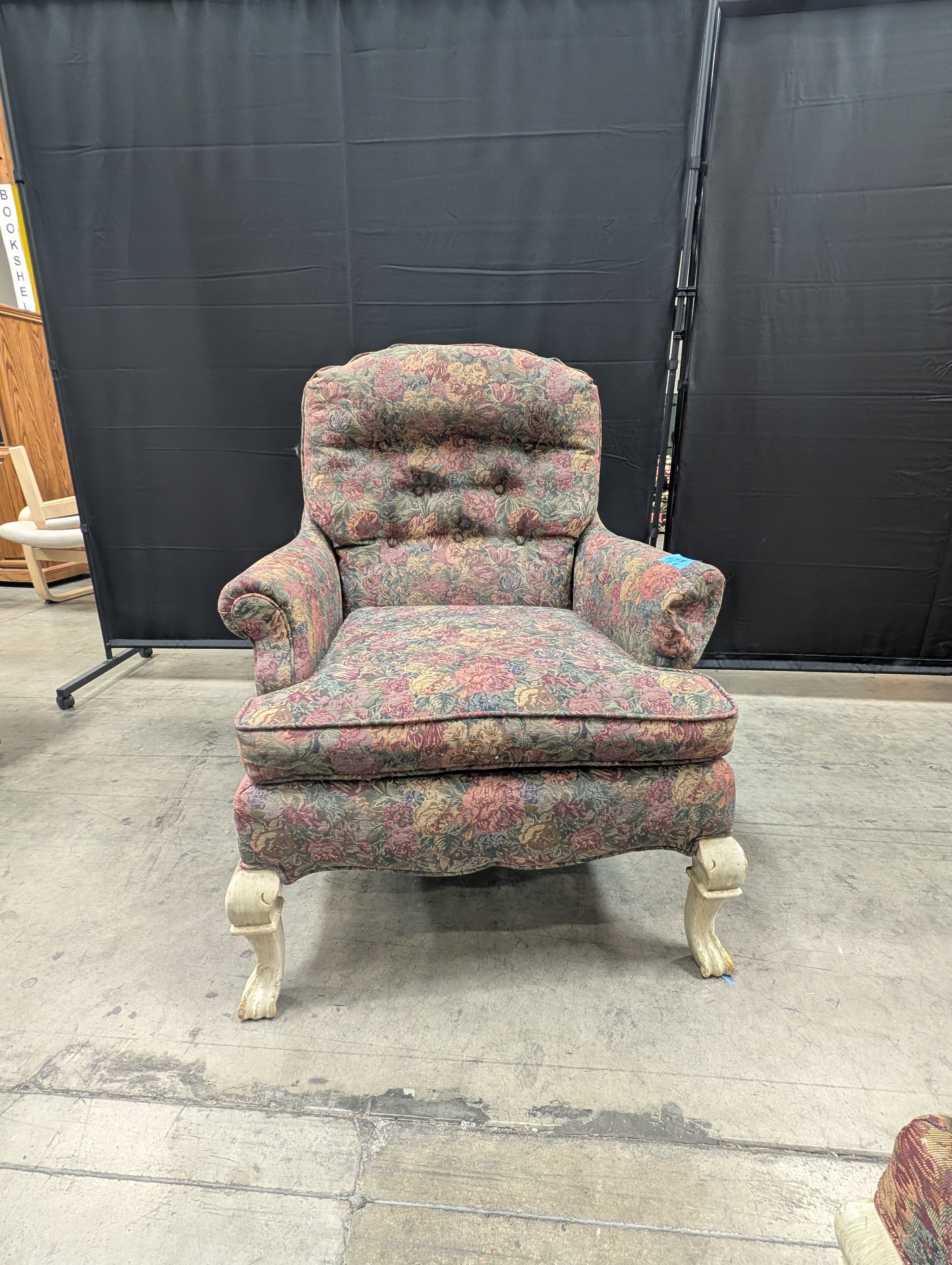 Used Traditional Floral Pattern Upholstered Armchair with Claw Feet