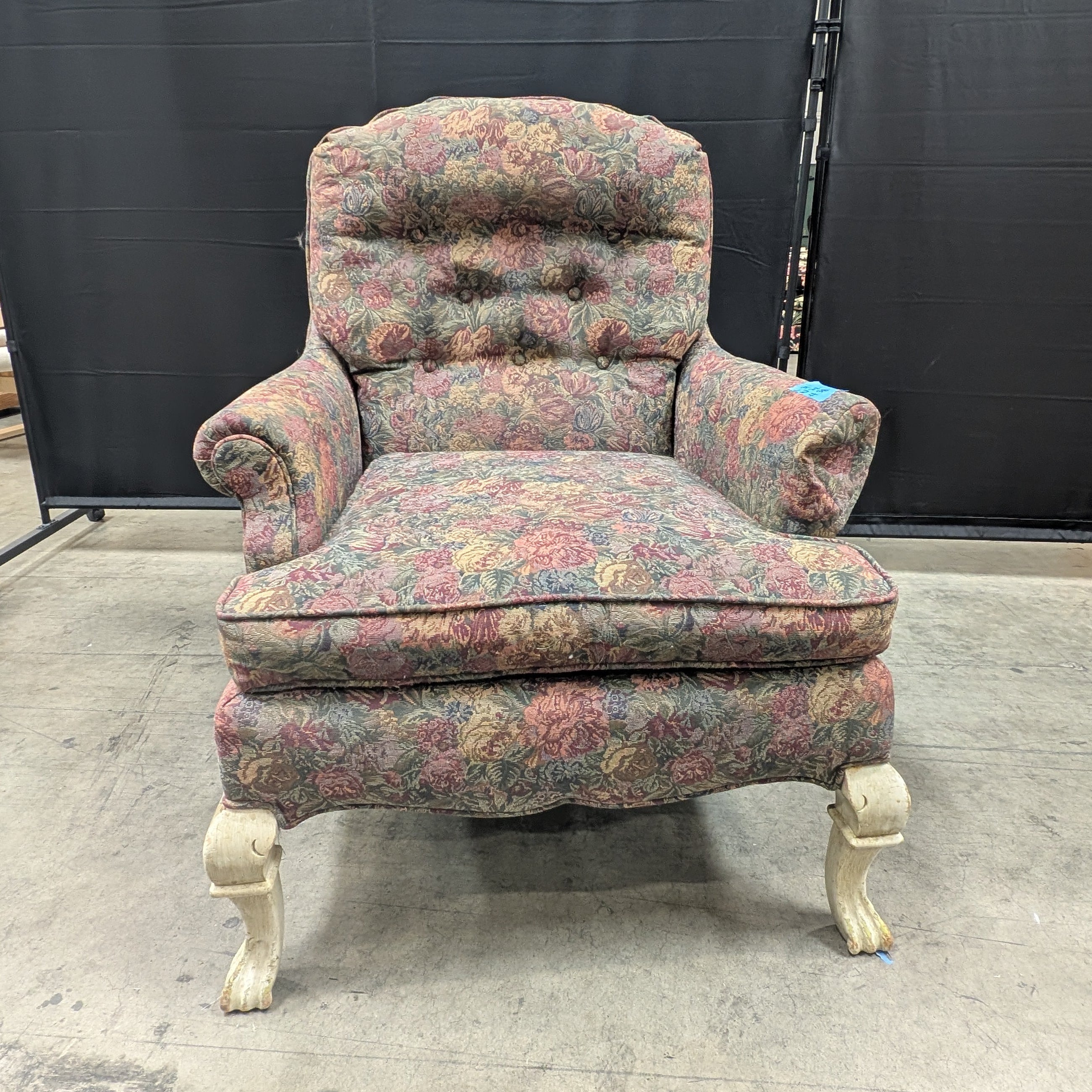 Used Traditional Floral Pattern Upholstered Armchair with Claw Feet