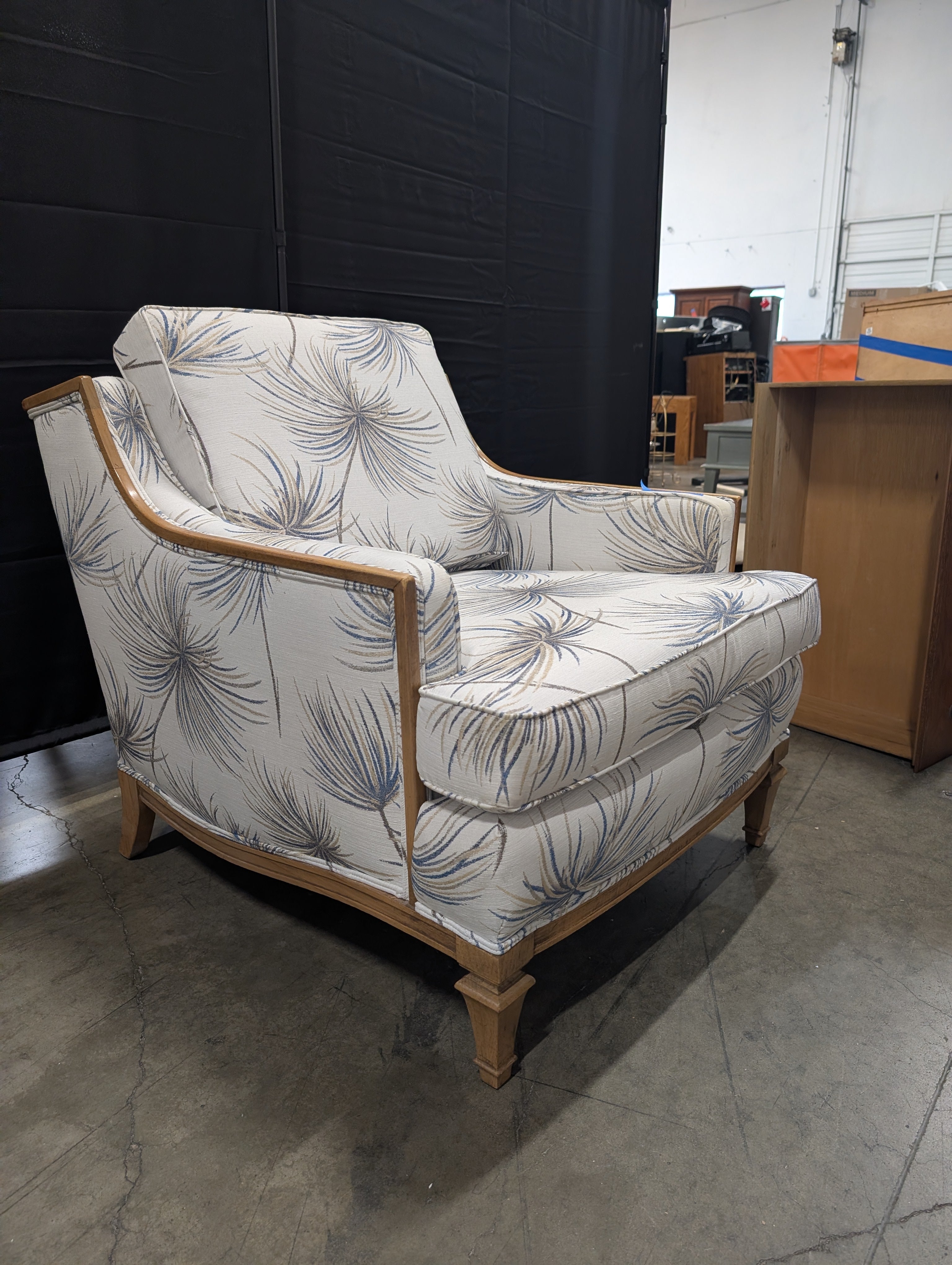 Wood Frame Armchair with Botanical Print Upholstery