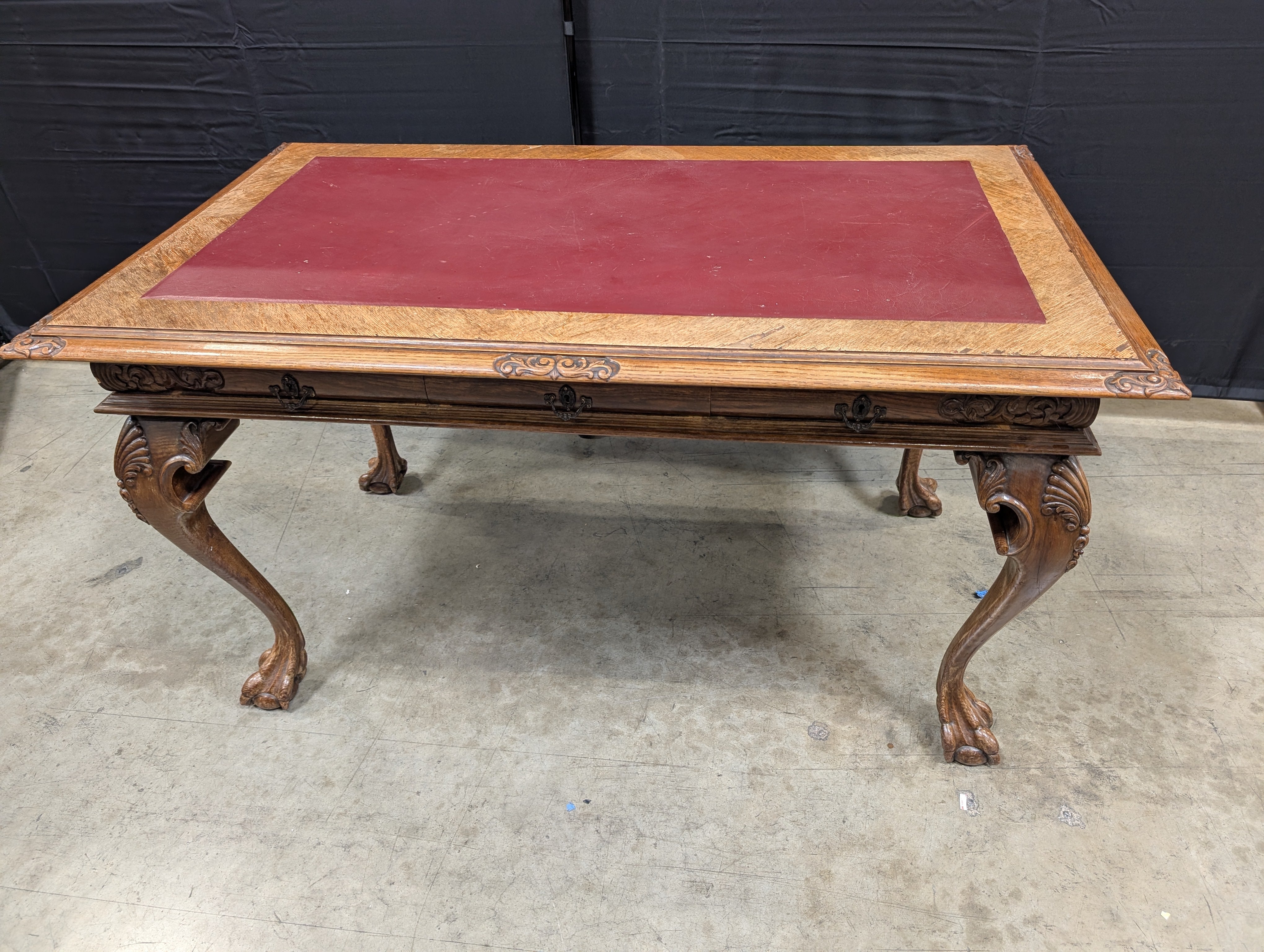 Ornate Carved Wood Desk with Reddish-Brown Top