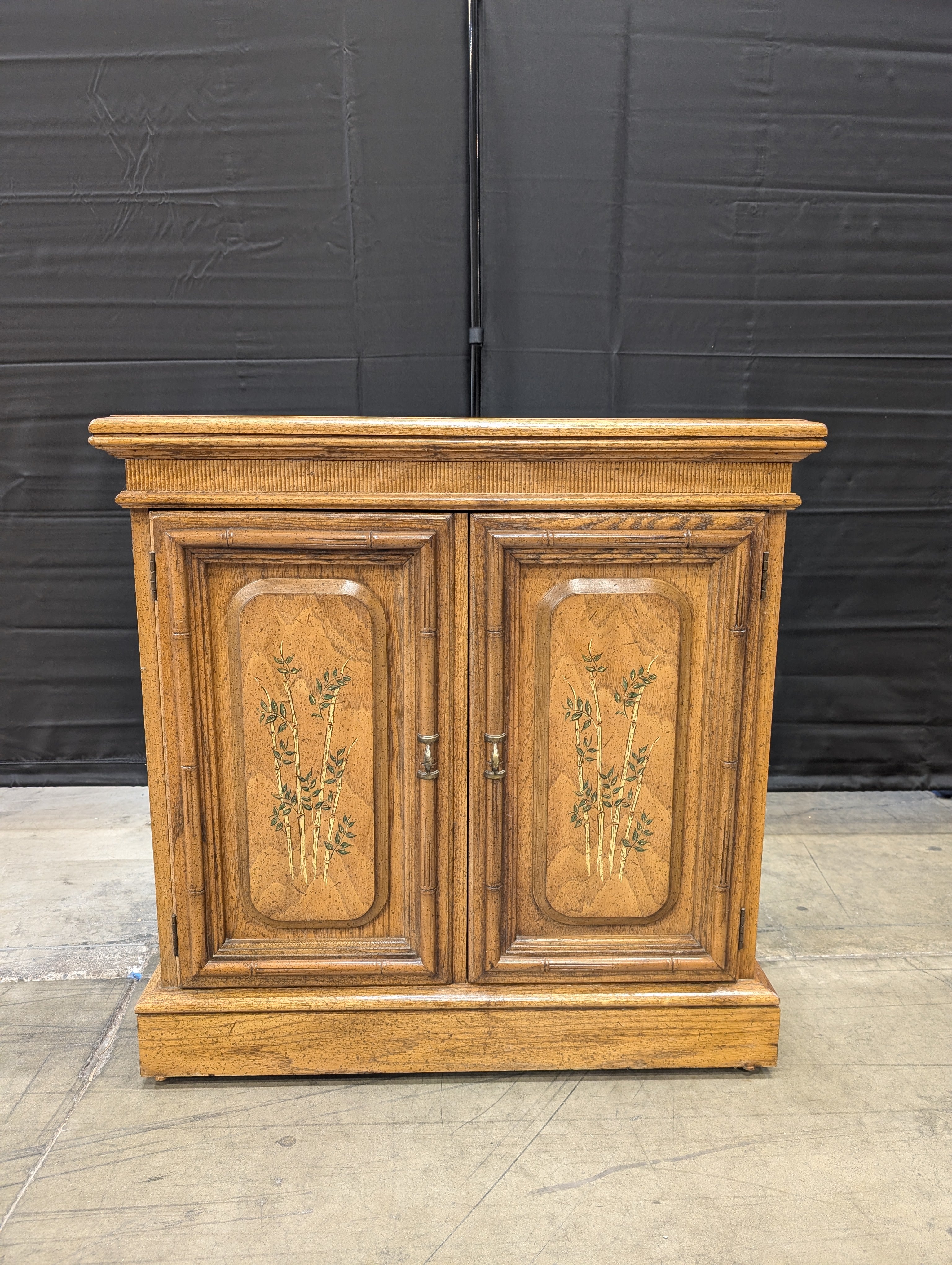 Vintage Chinoiserie Wood Storage Cabinet with Painted Bamboo Motif