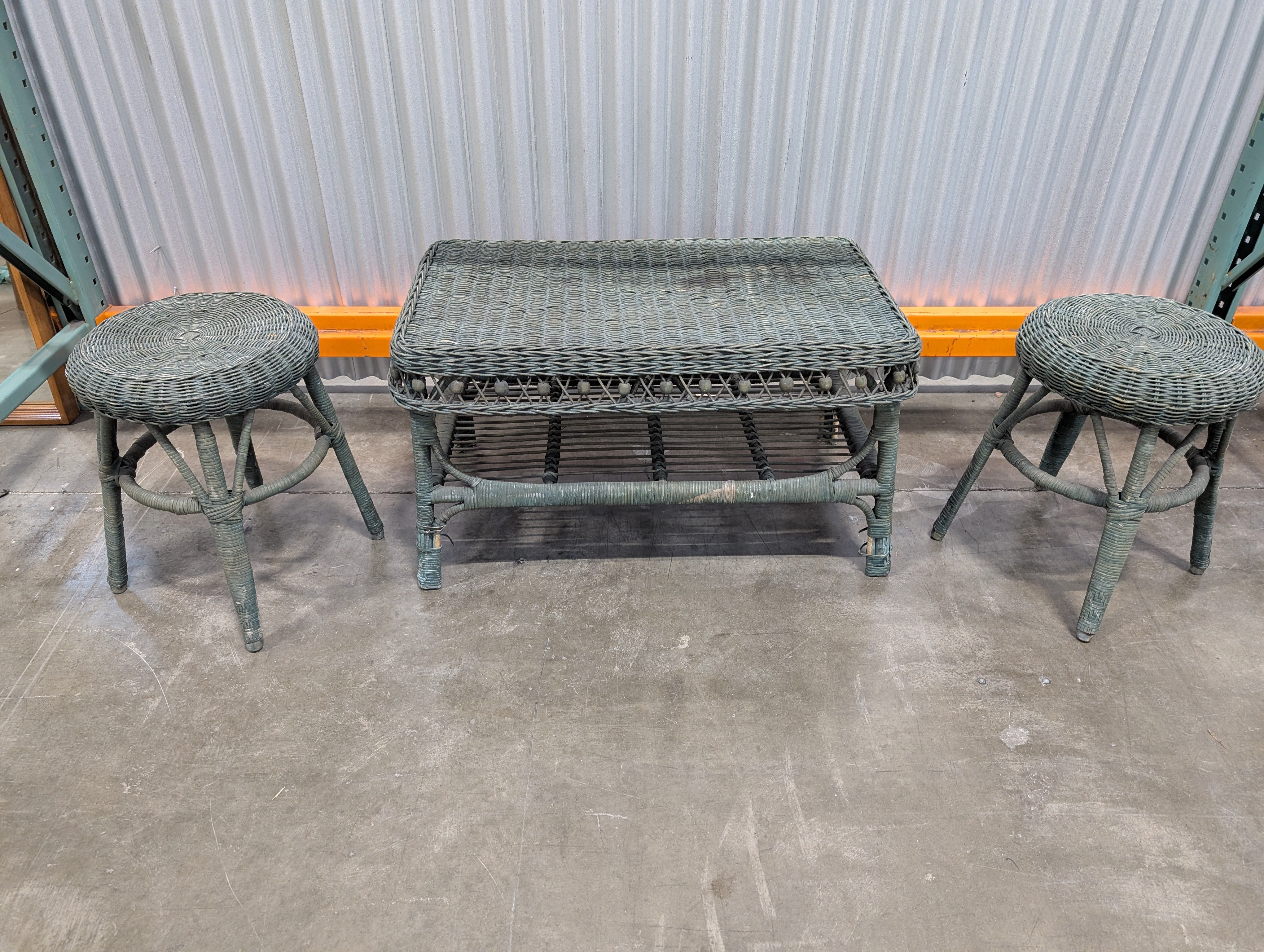 Pair of Green Wicker and Table