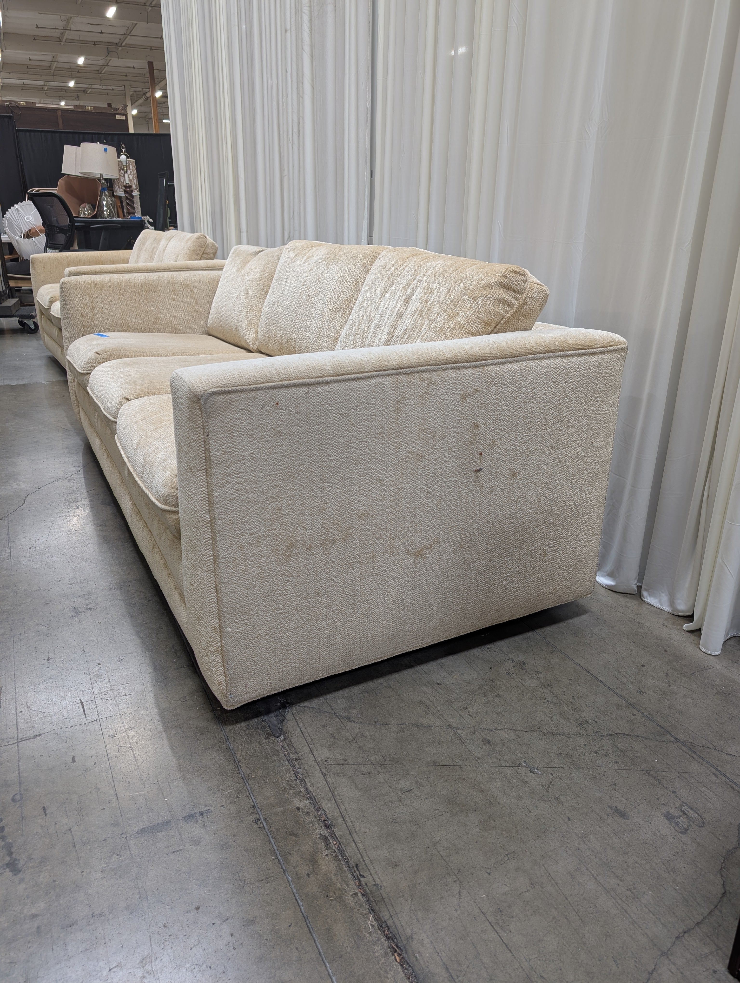 Cream Textured Fabric Couch with Track Arms