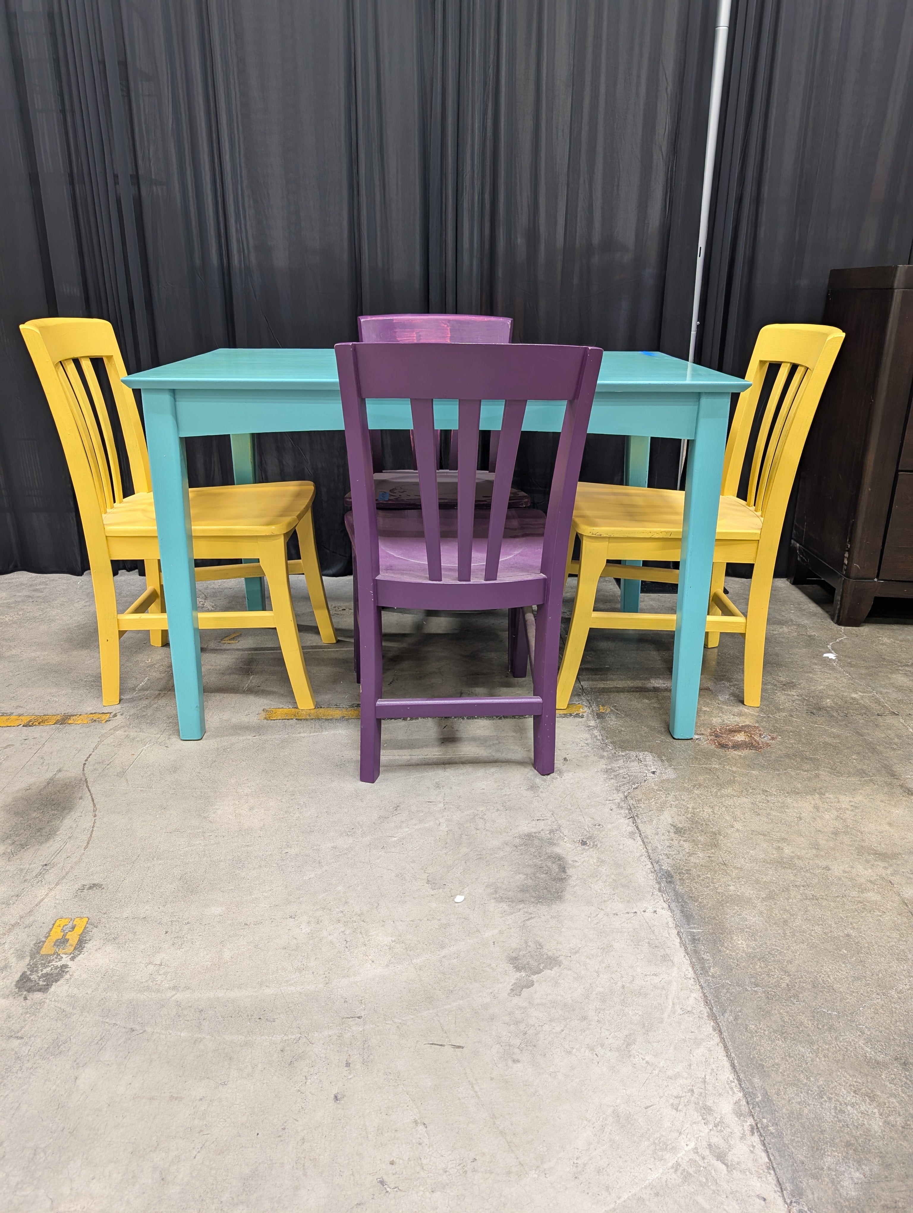 Vibrant Painted Wood Dining Table and Chairs