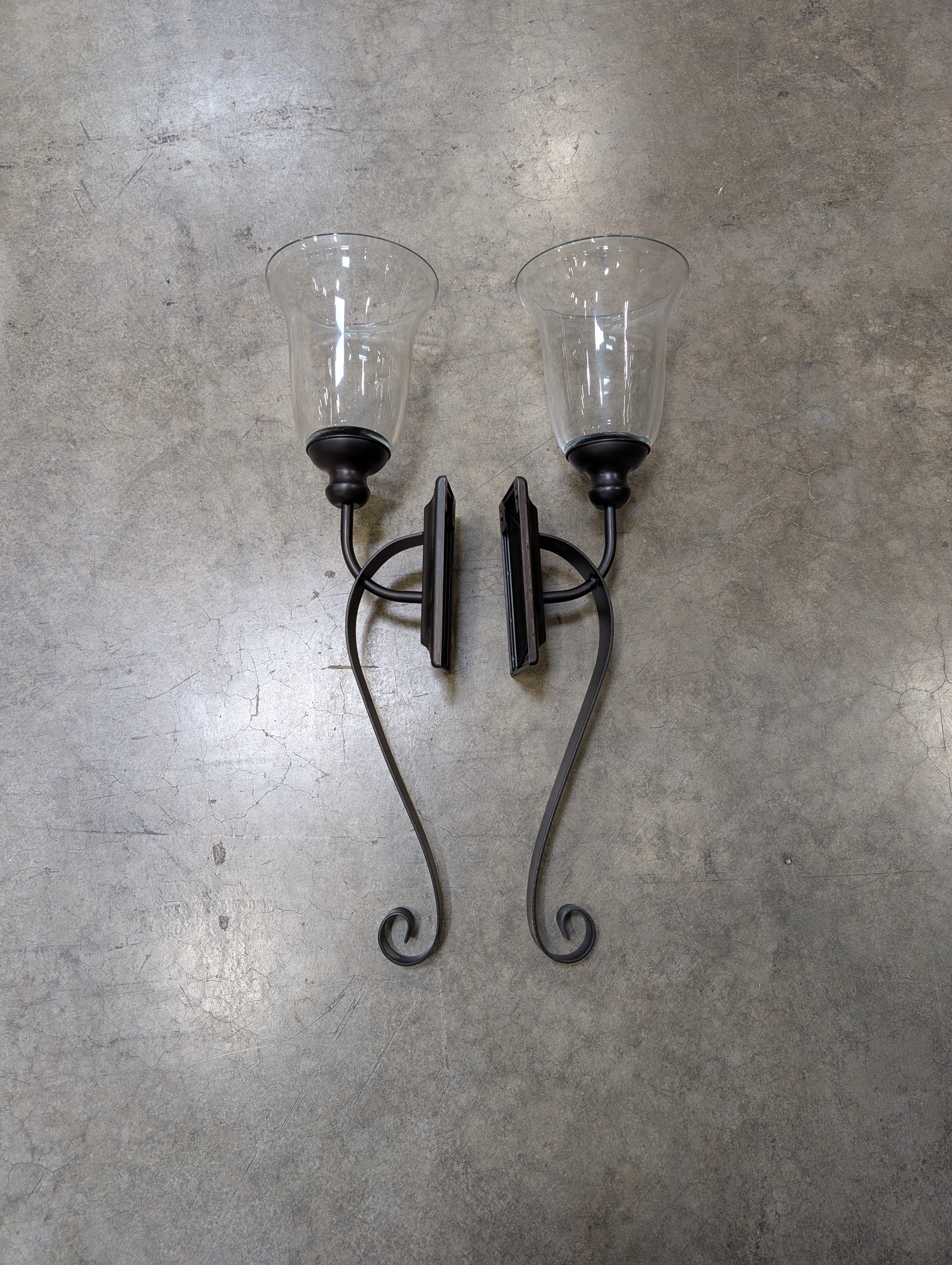 Pair of Rustic Black Metal and Clear Glass Wall Sconces