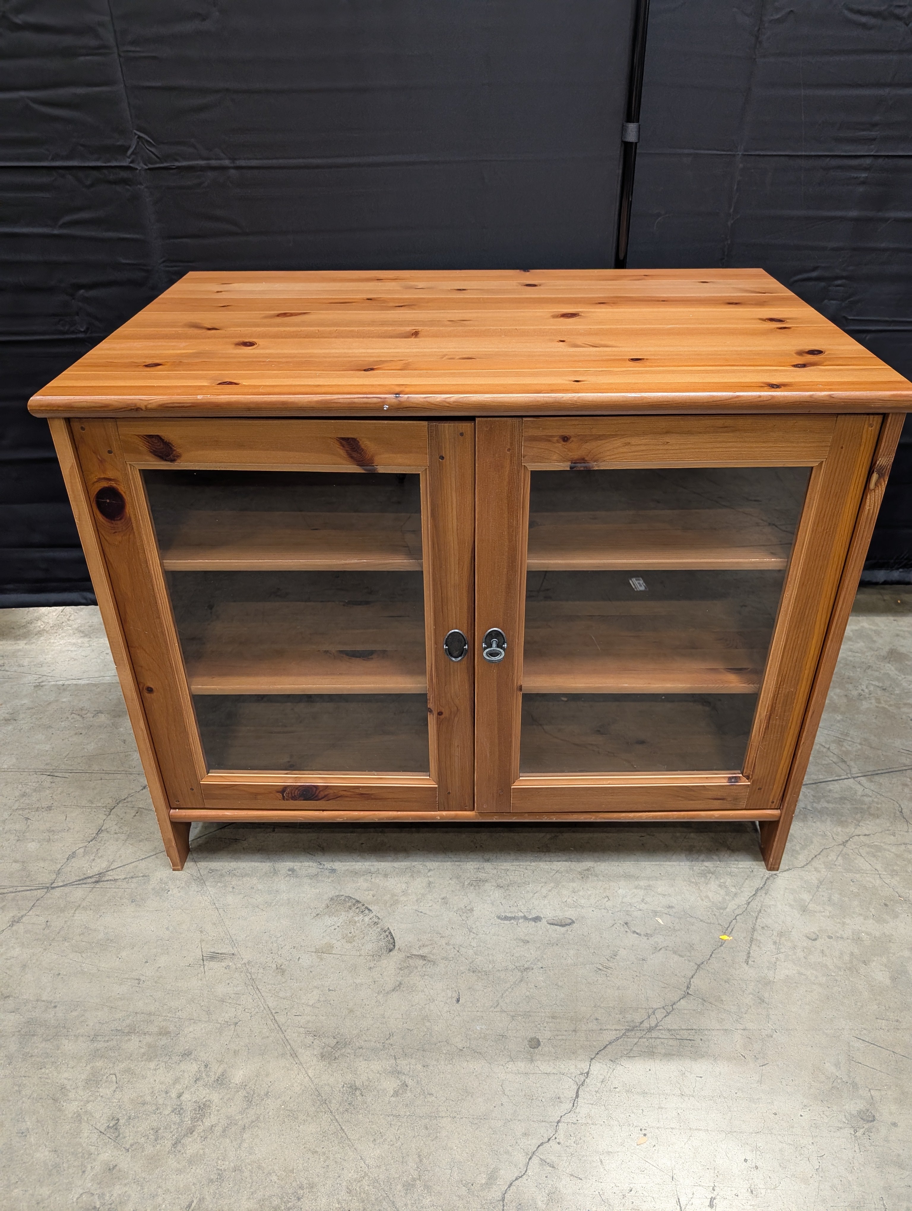 Rustic Pine Finish Display Cabinet with Glass Doors