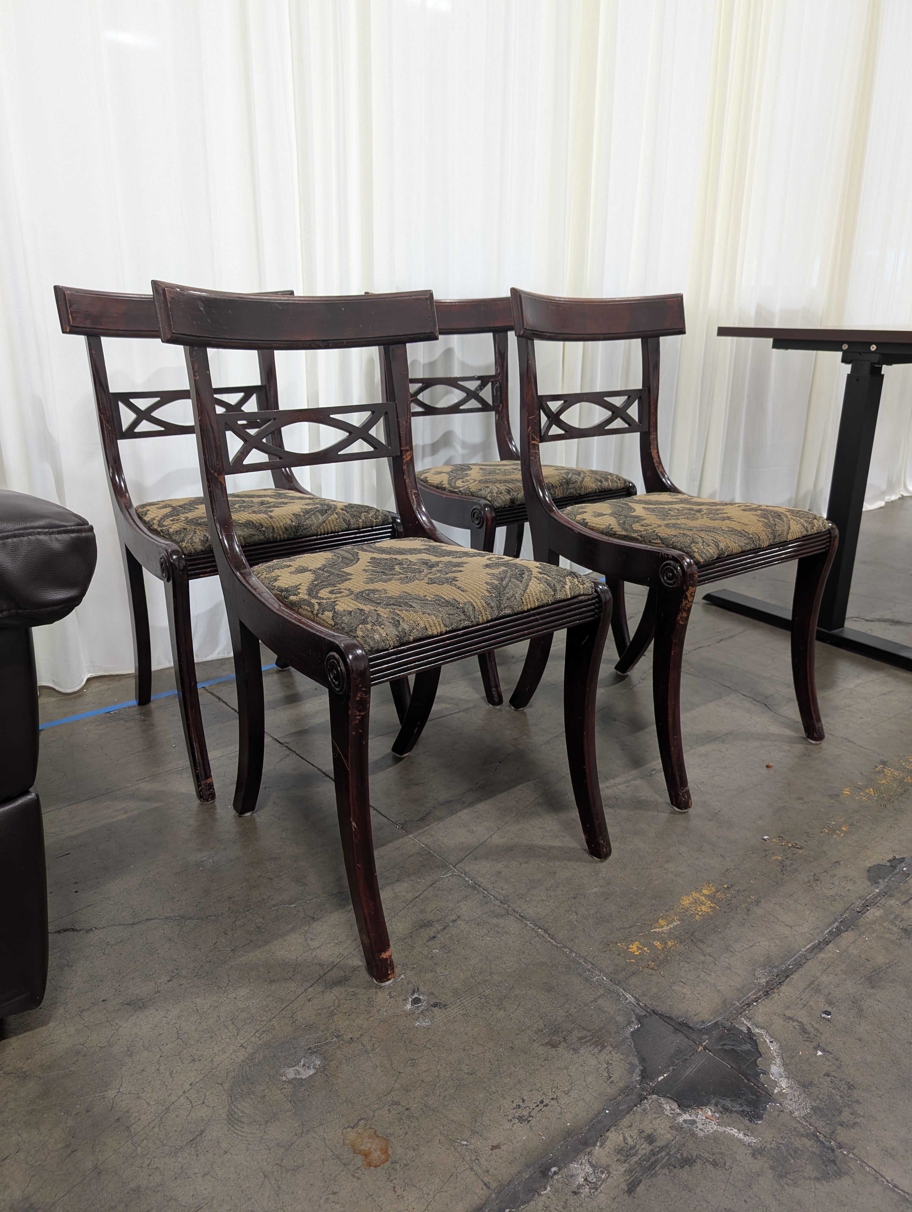 Set of Four Dark Wood Upholstered Dining Chair with X-Back