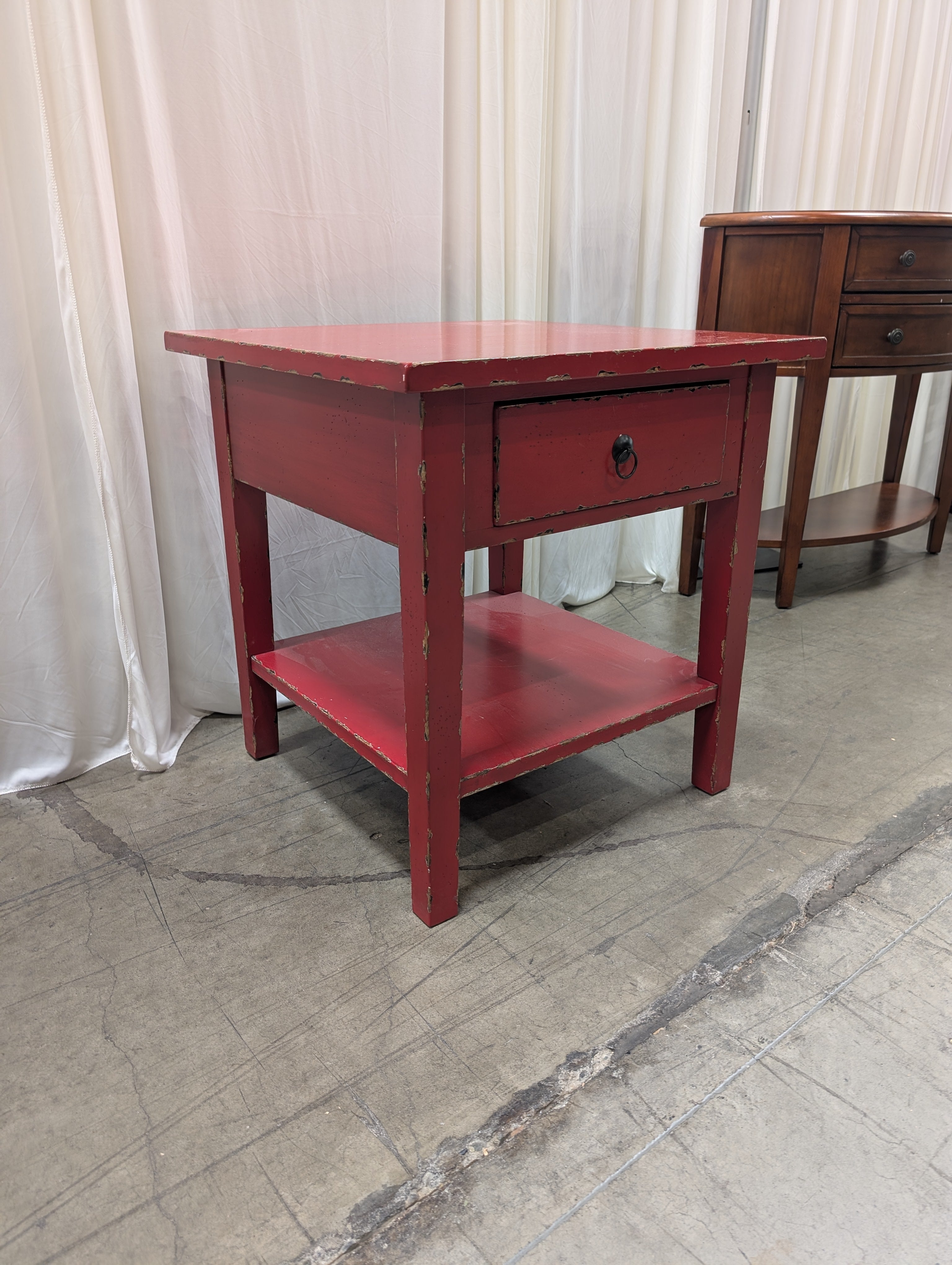 Distressed Red Wood End Table with Drawer and Shelf