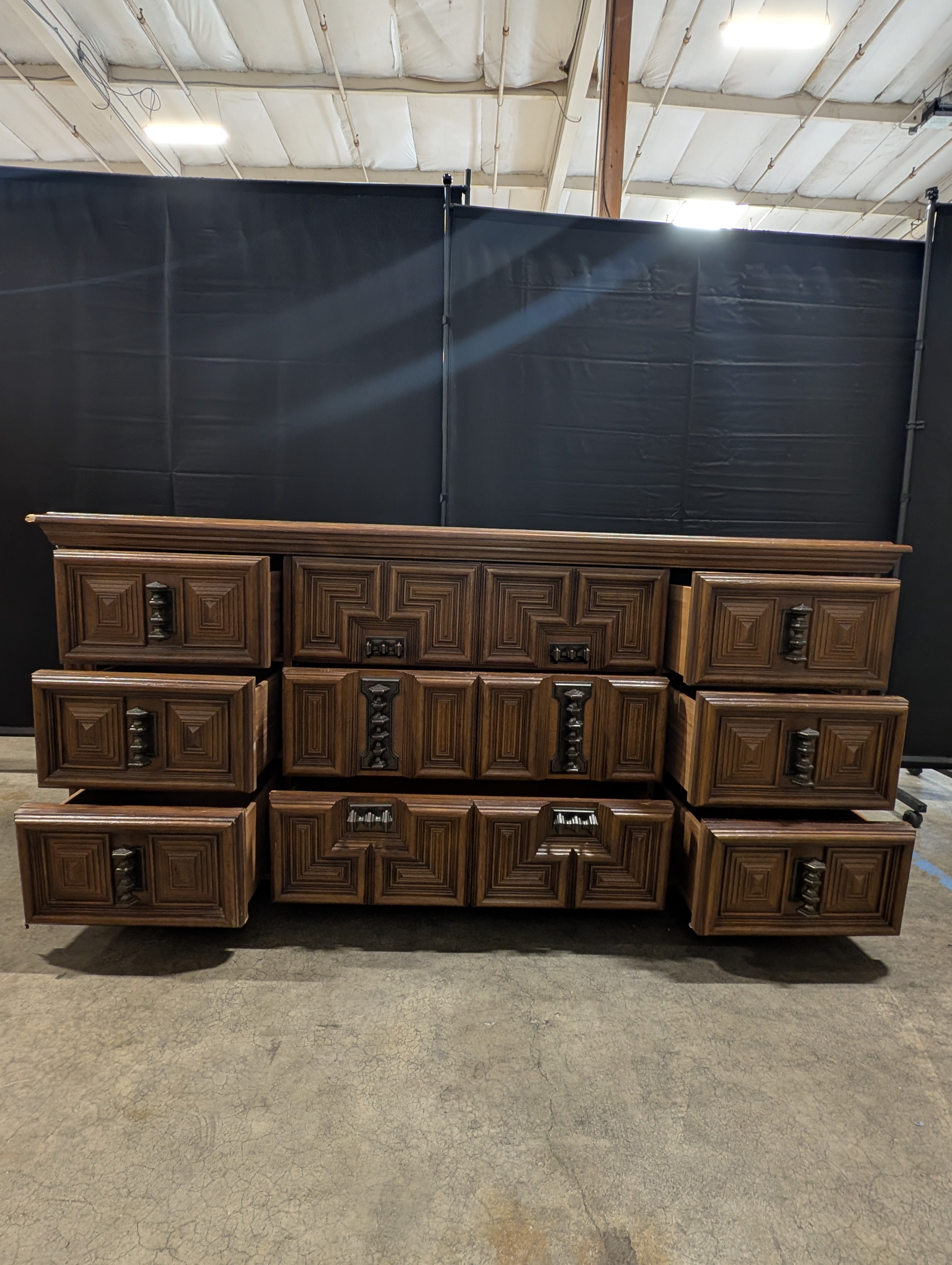 Vintage Carved Wood Long Dresser with Geometric Design