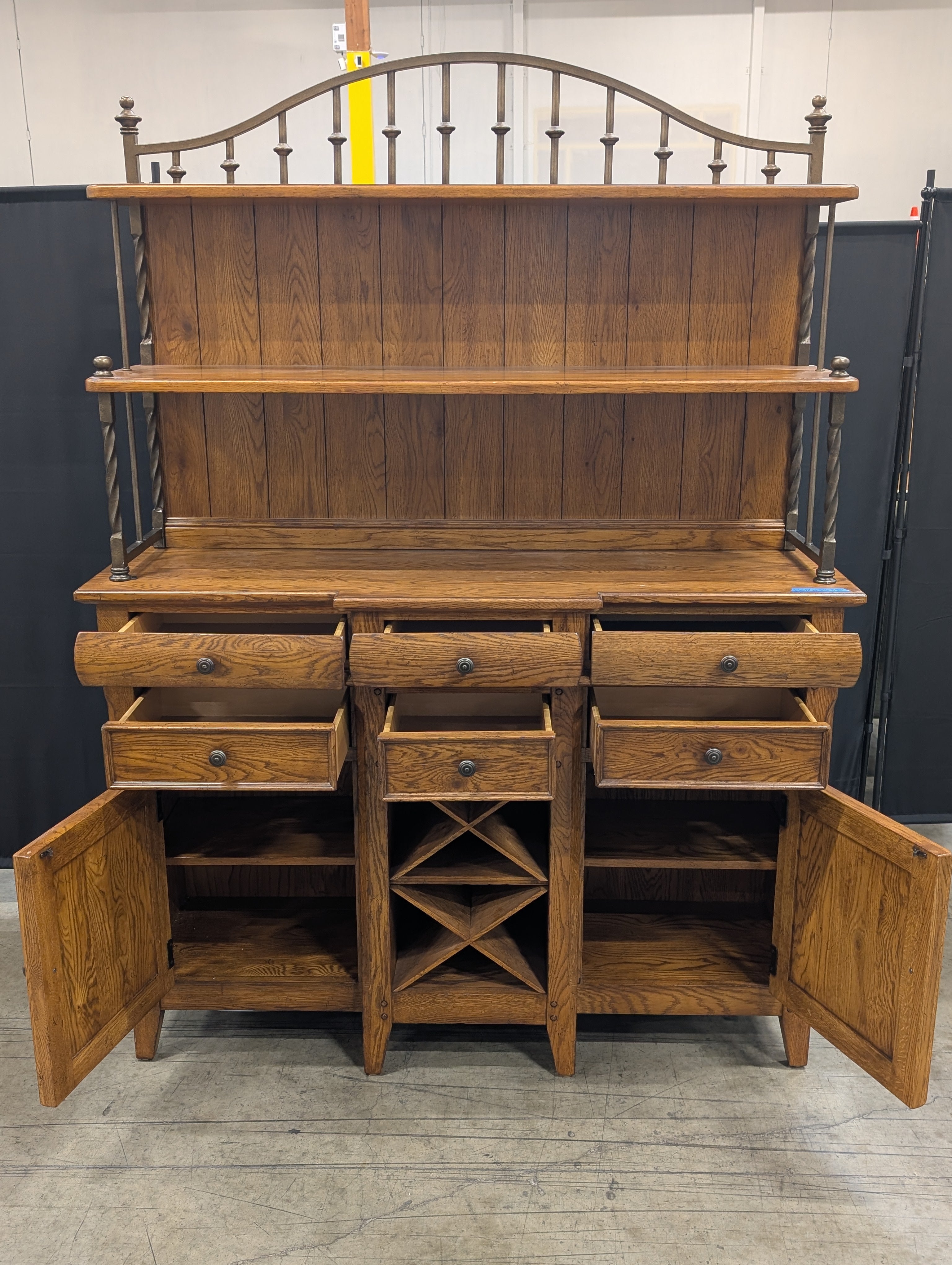 Thomasville Rustic Wood and Dark Metal Hutch Cabinet with Wine Rack