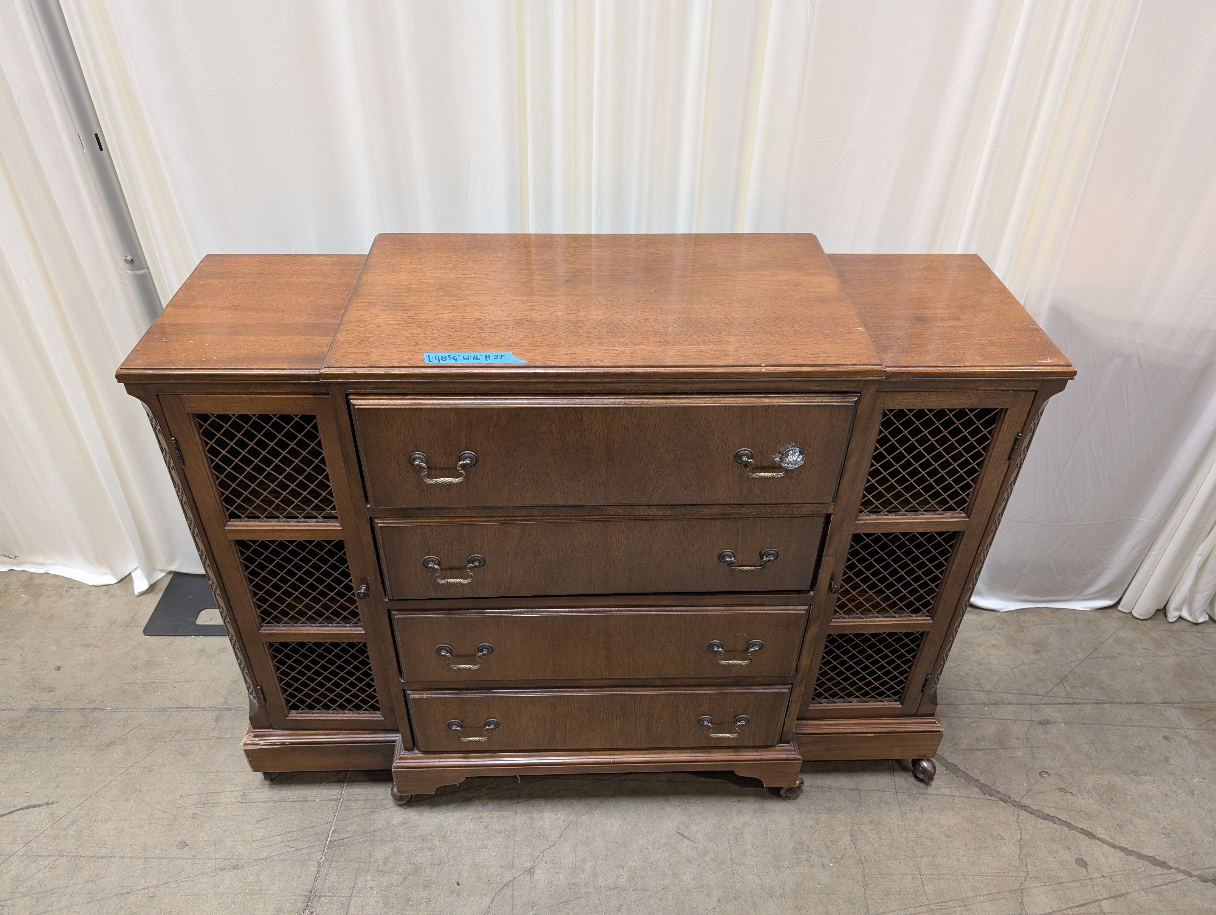 Vintage Stepped Top Wood Secretary Desk with Mesh Doors