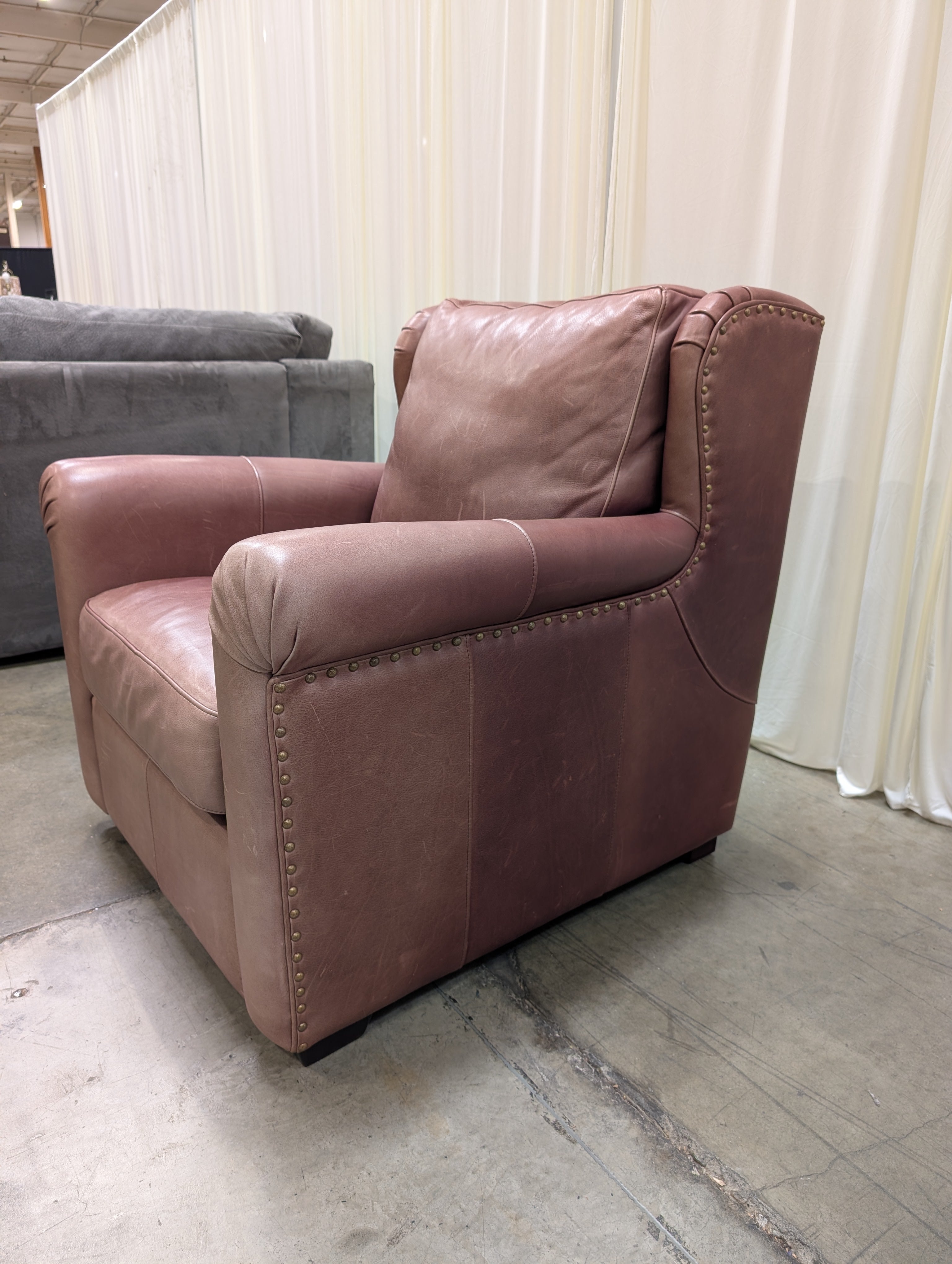 Burgundy Legacy Leather Wingback Armchair with Nailhead Trim