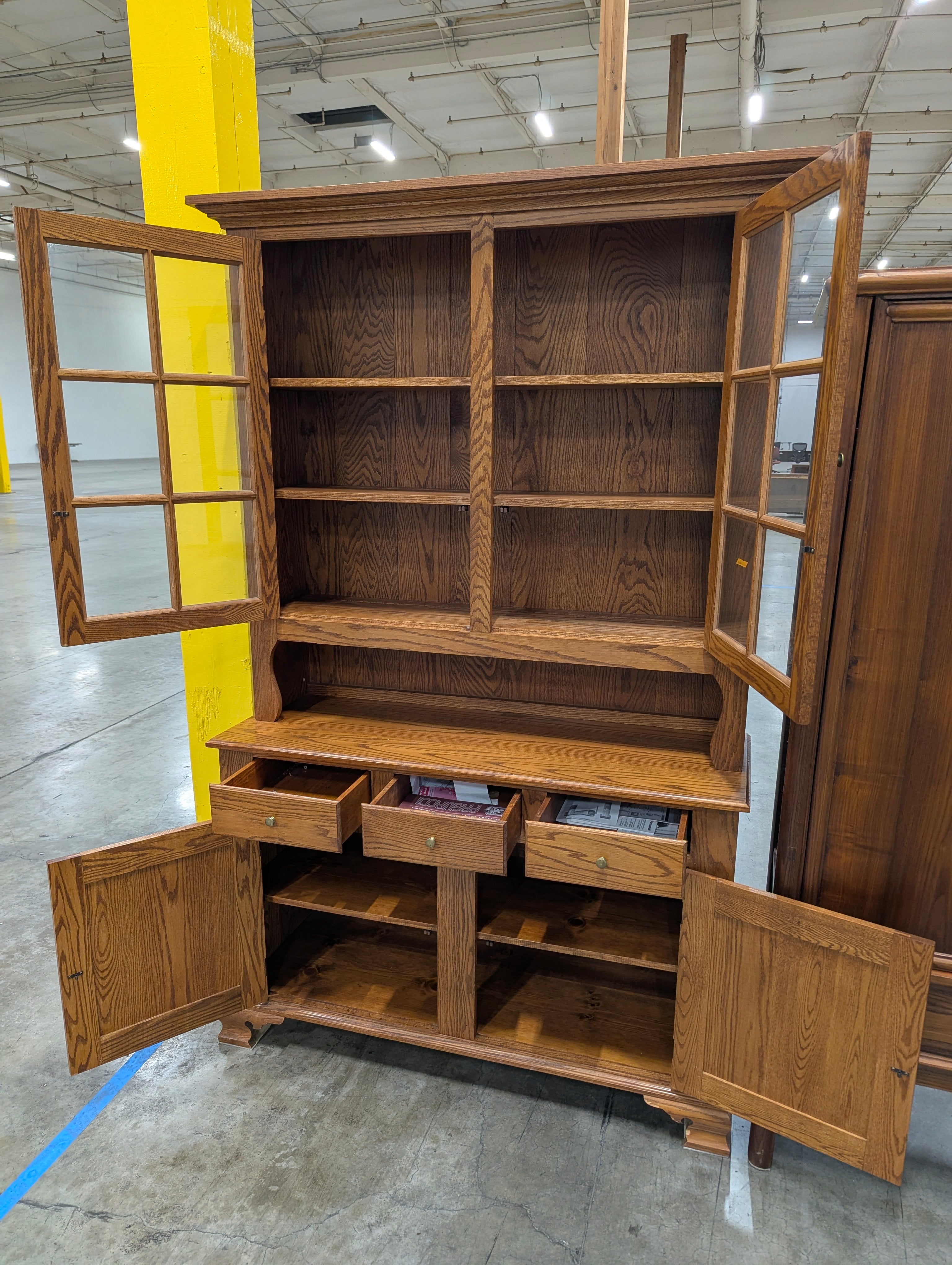 Sturdy Hardwood Display Hutch with Glass Paned Doors