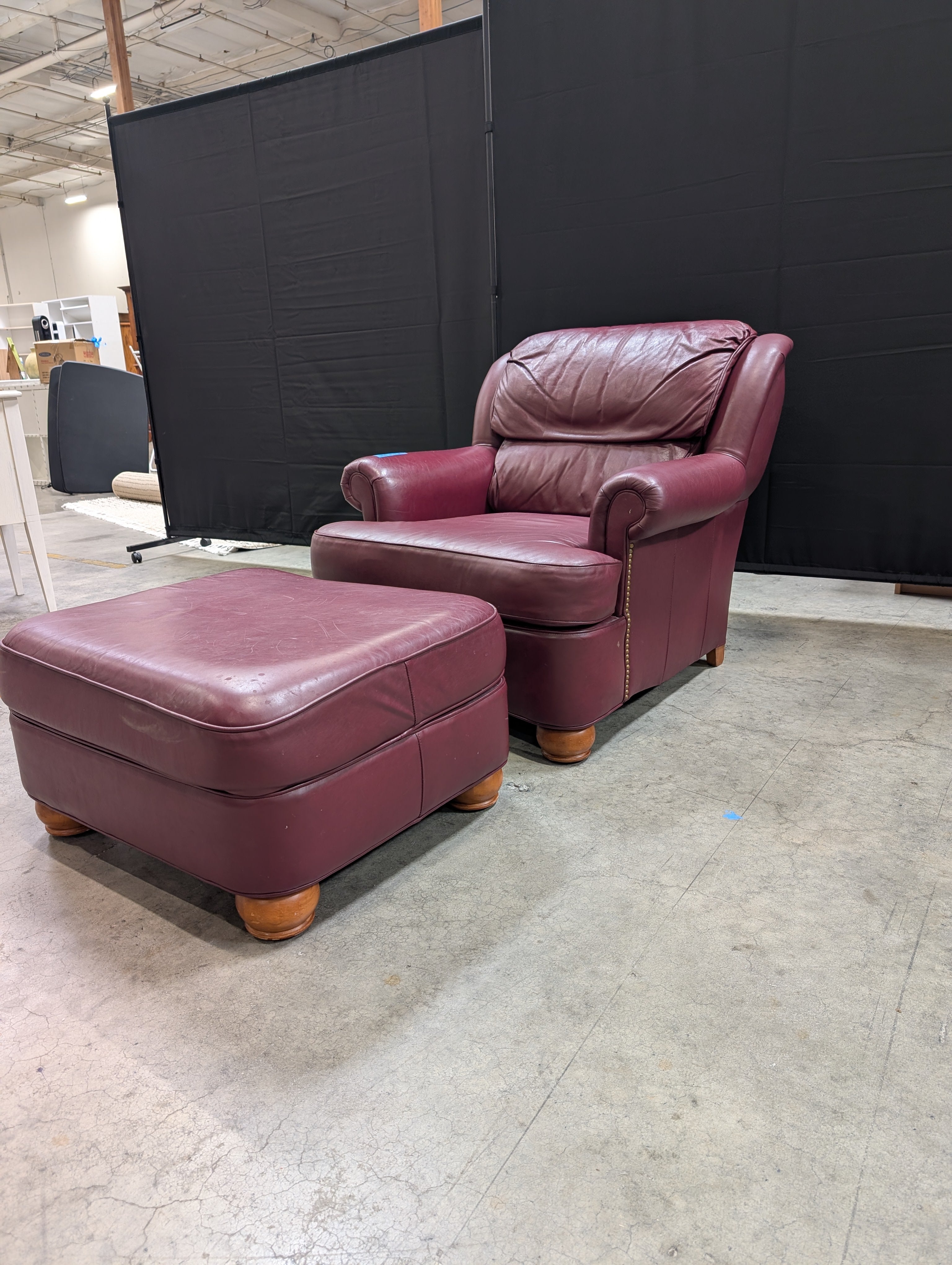 Deep Red Thomasville Leather Club Chair and Ottoman Set