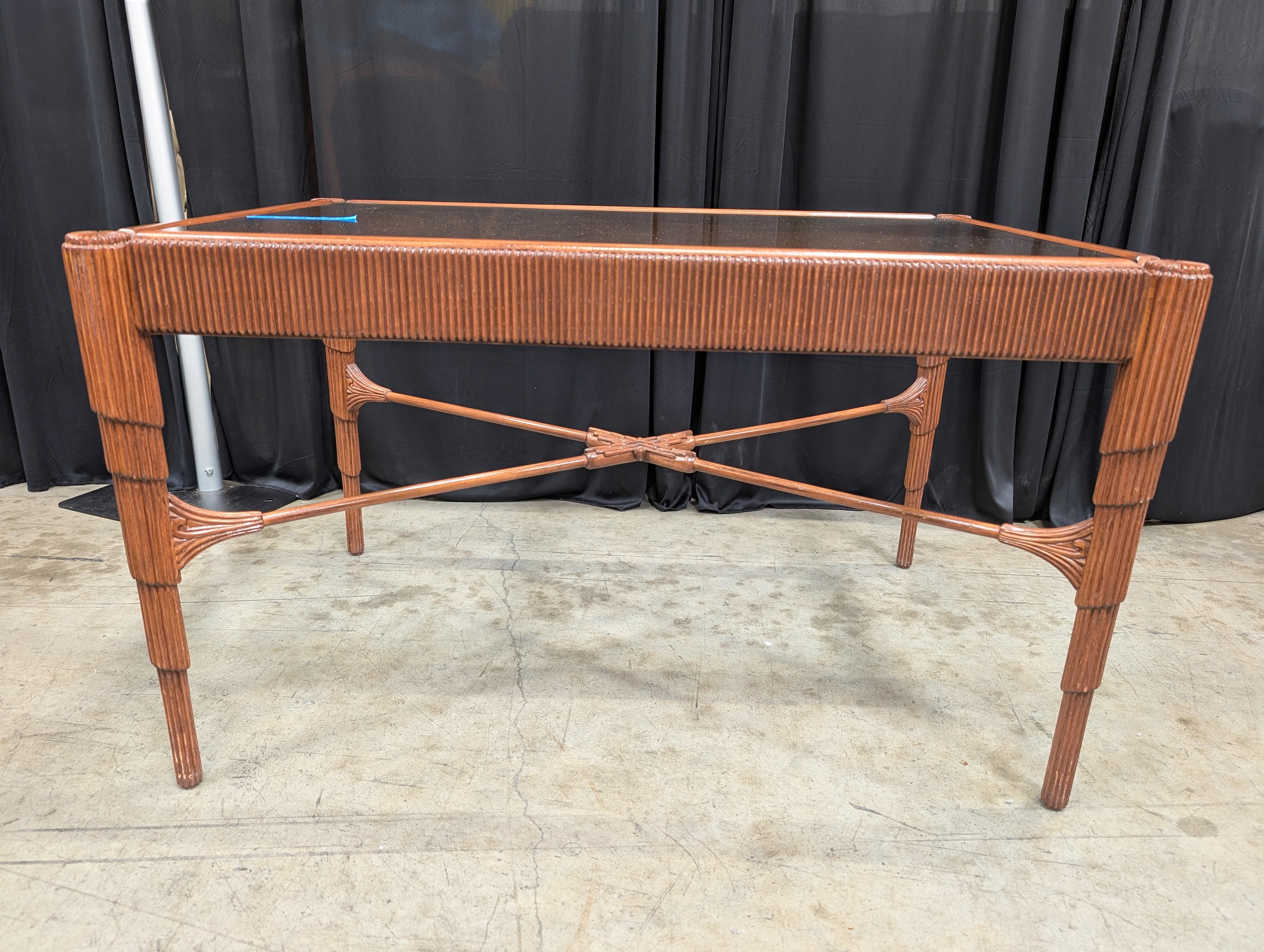 Carved Wood Rectangular Coffee Table with Glass Top