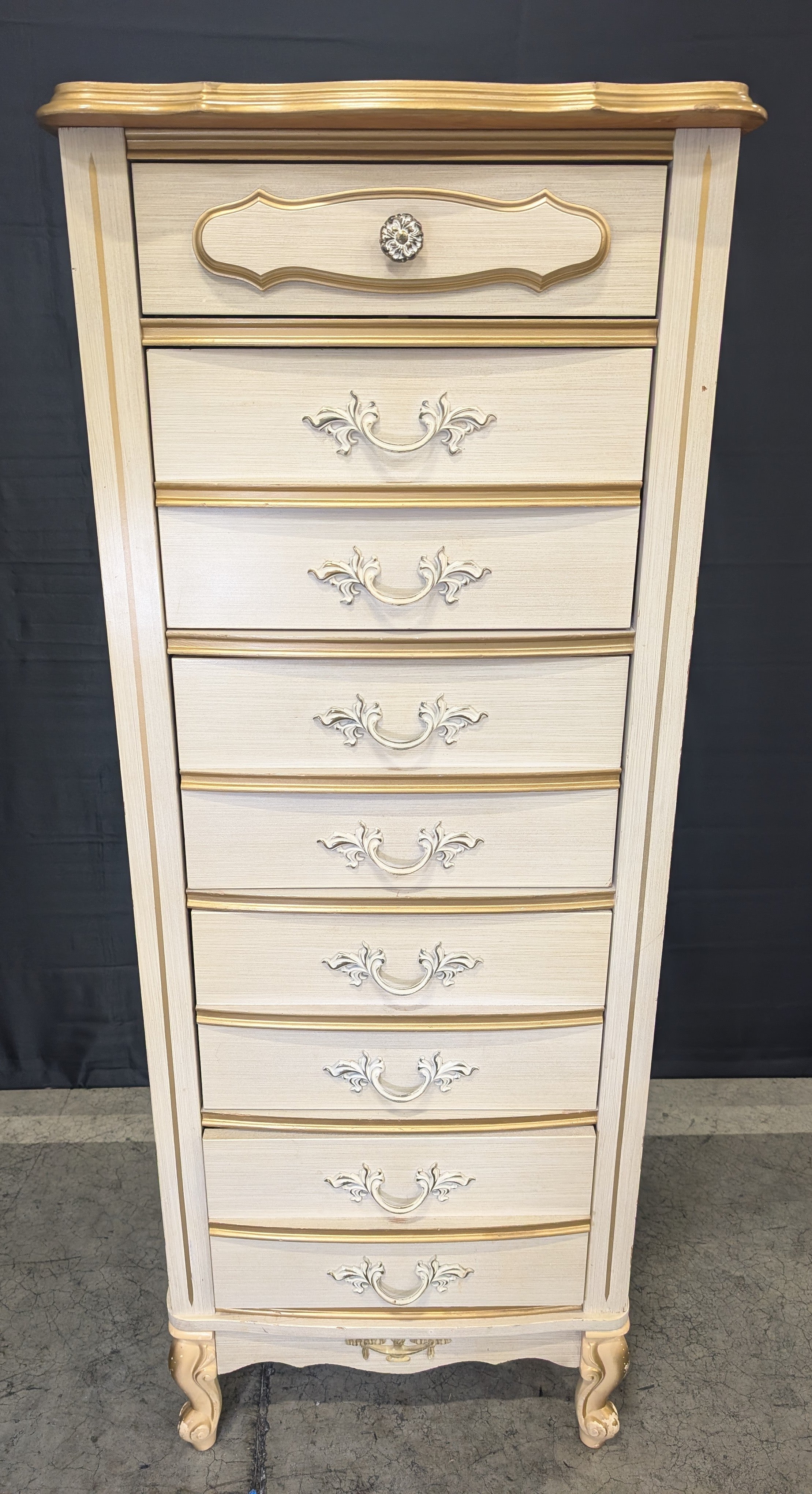 Vintage French Provincial Tall Chest of Drawers, Cream and Gilt Accents