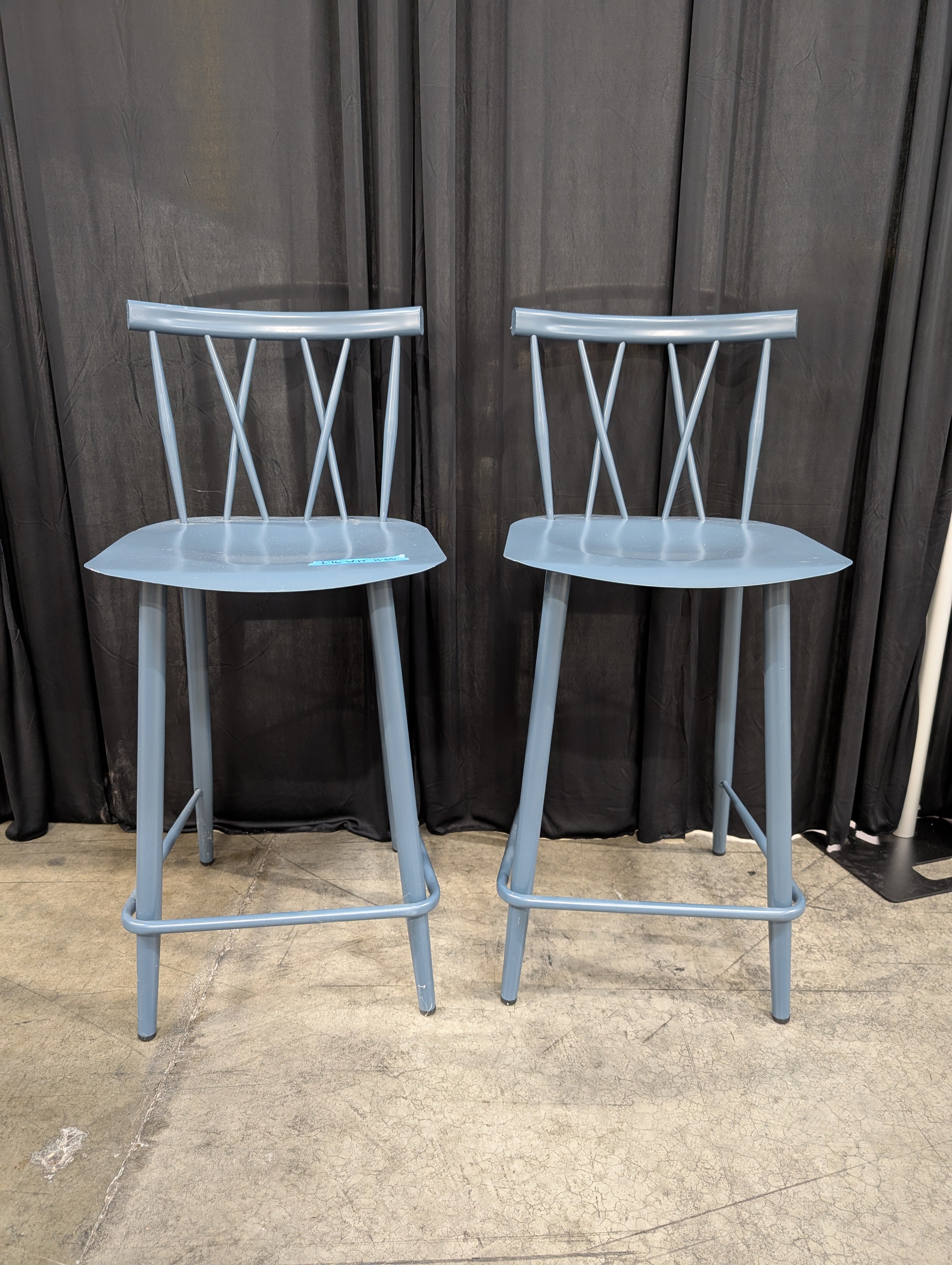 Pair of Blue Metal Cross-Back Bar Stool