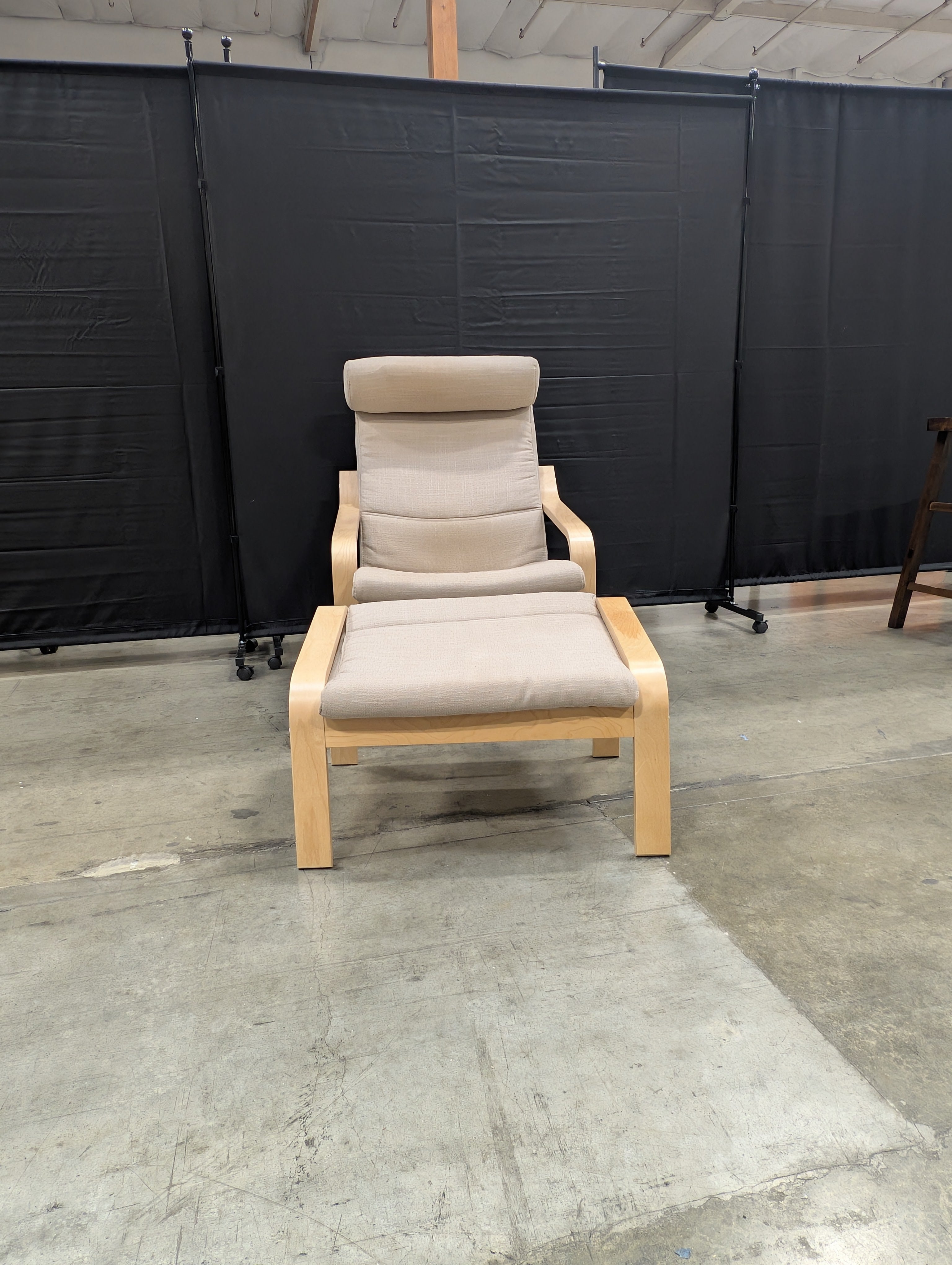 Used IKEA Poäng Armchair and Ottoman Set, Wood Frame, Beige Fabric