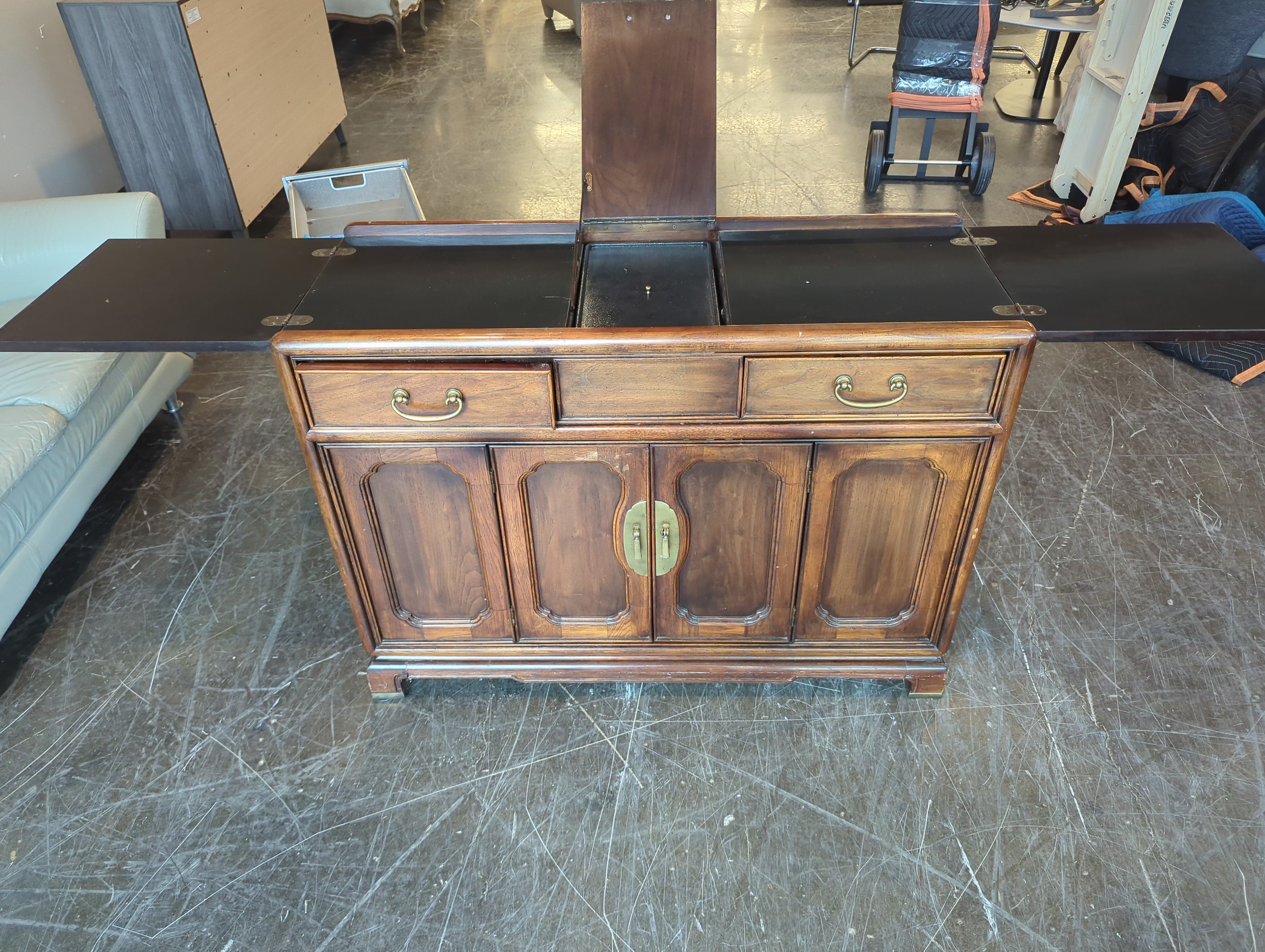 American of Martinsville Side Board Fold Down - Dark Wood Sideboard with Brass Hardware