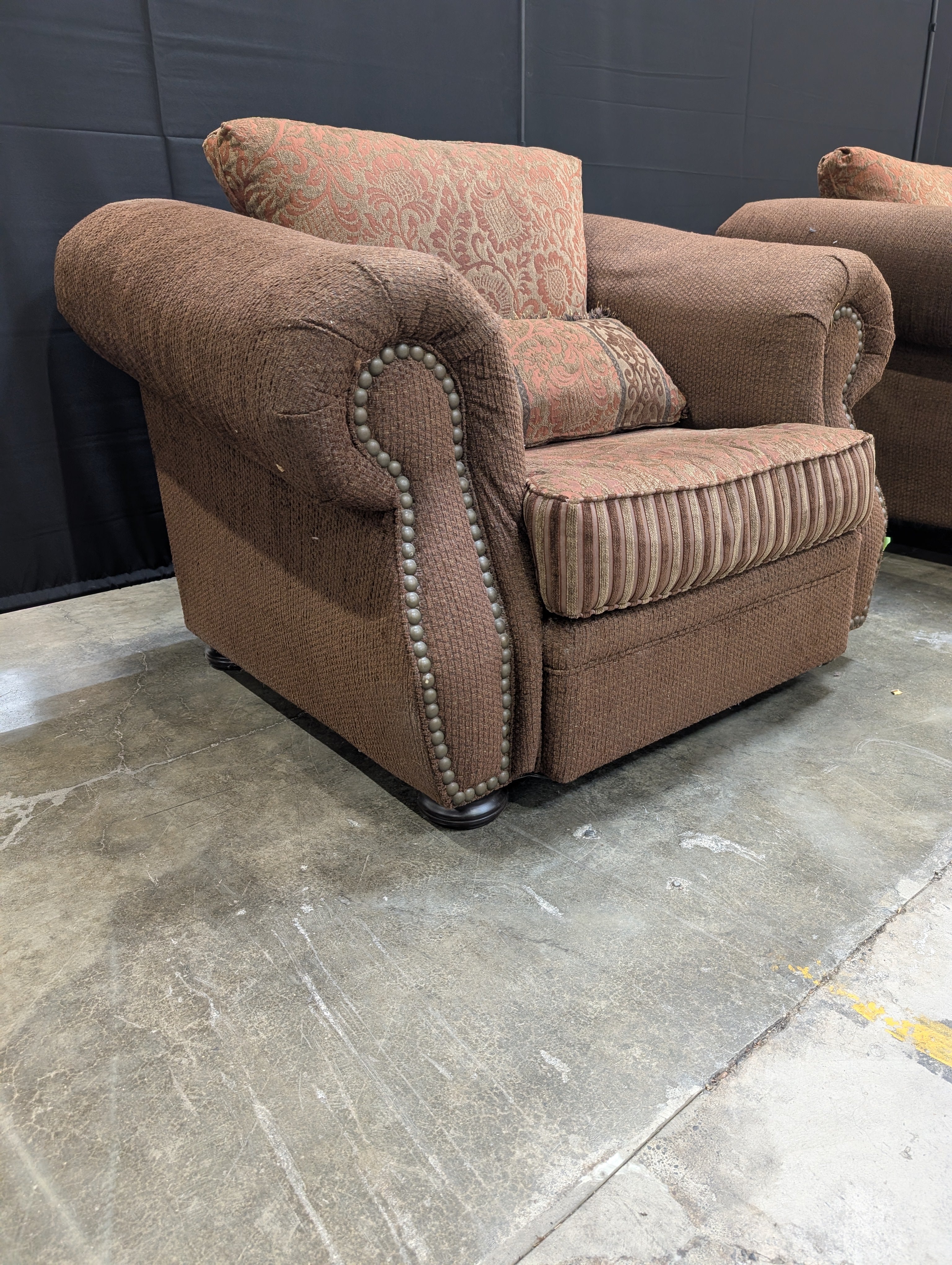 Textured Brown Upholstered Club Chair with Nailhead Trim