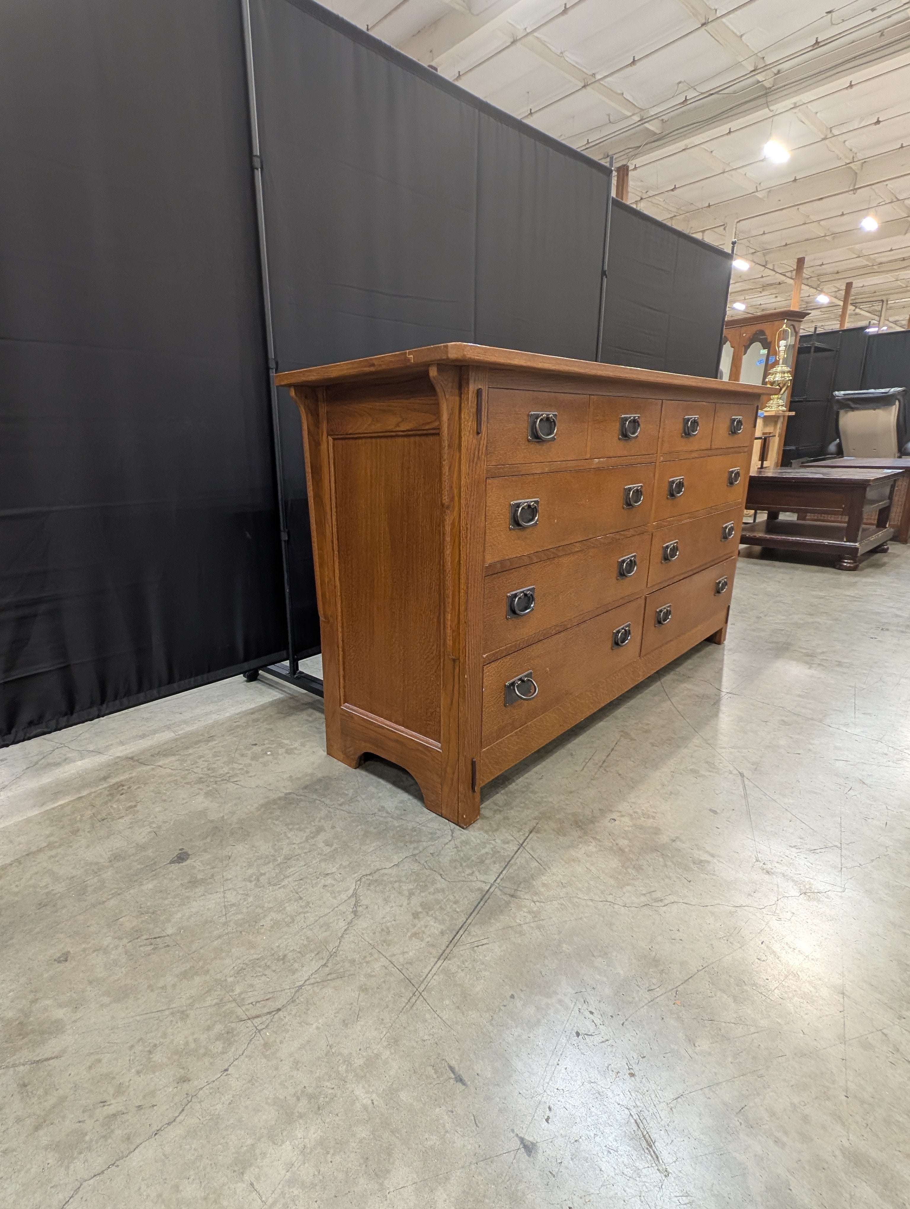 Mission Style Oak Finish Ten-Drawer Dresser with Ring Pulls