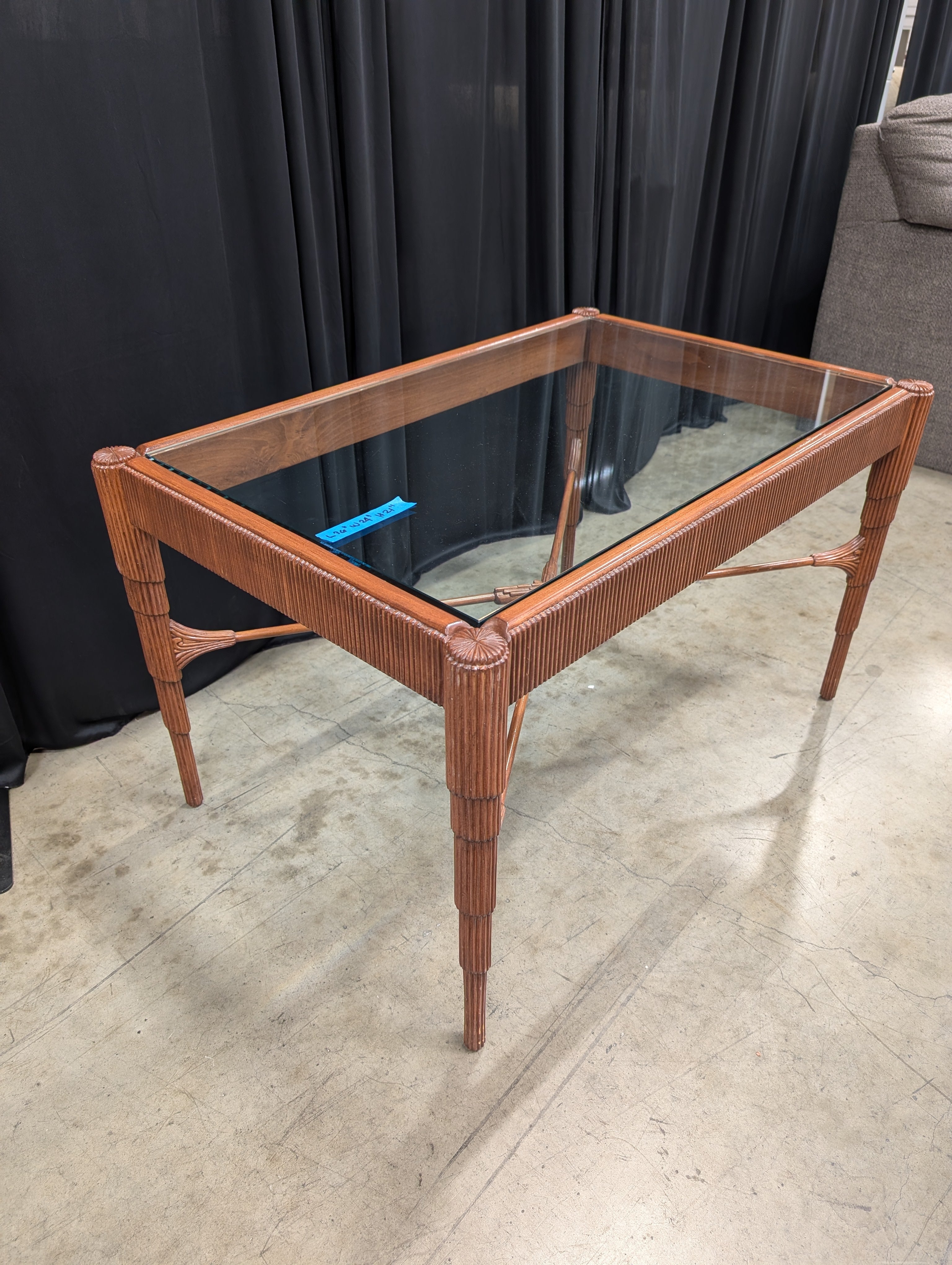 Carved Wood Rectangular Coffee Table with Glass Top
