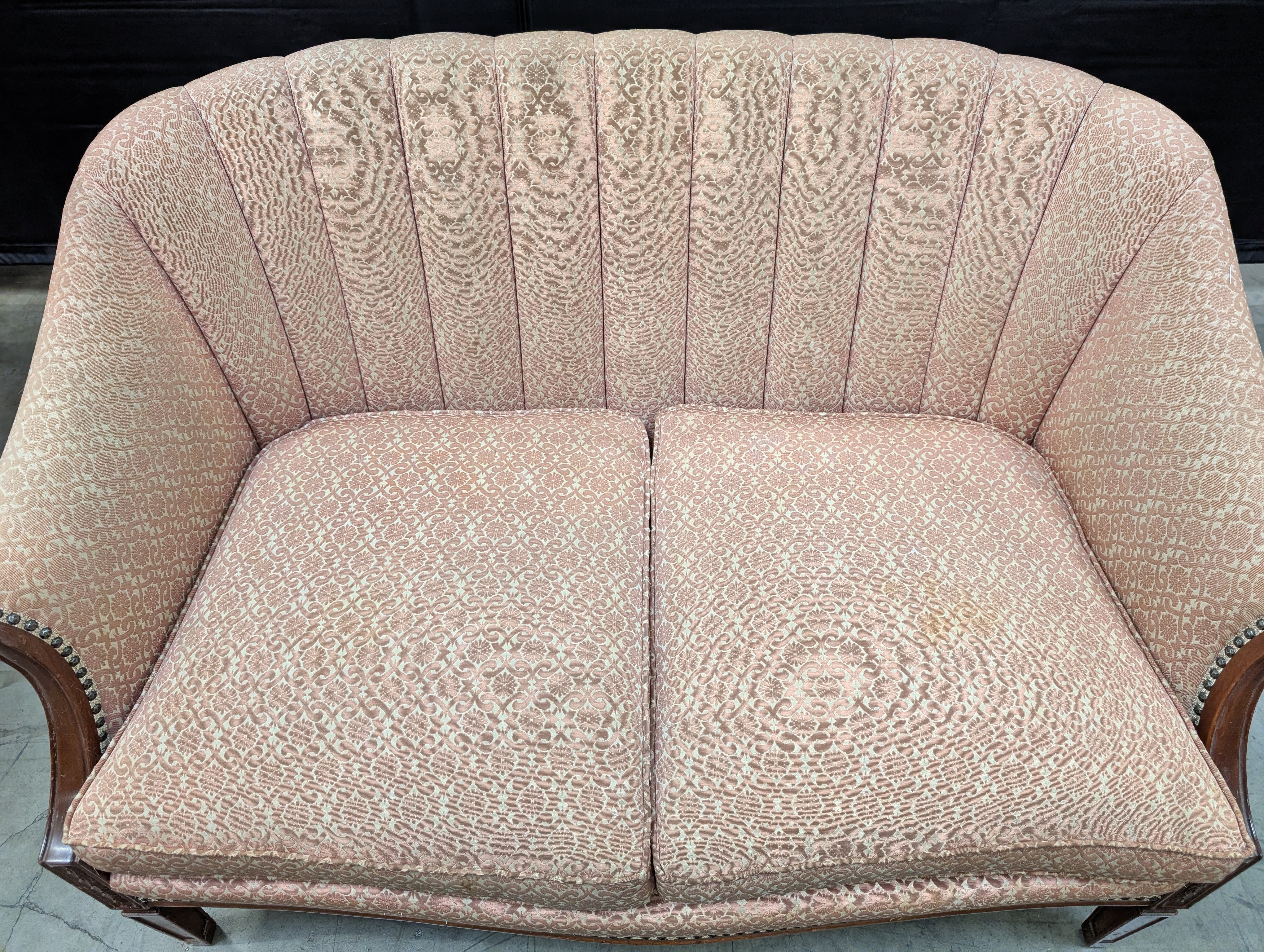 Poor condition Traditional Patterned Fabric Two-Seater Sofa with Wood Frame