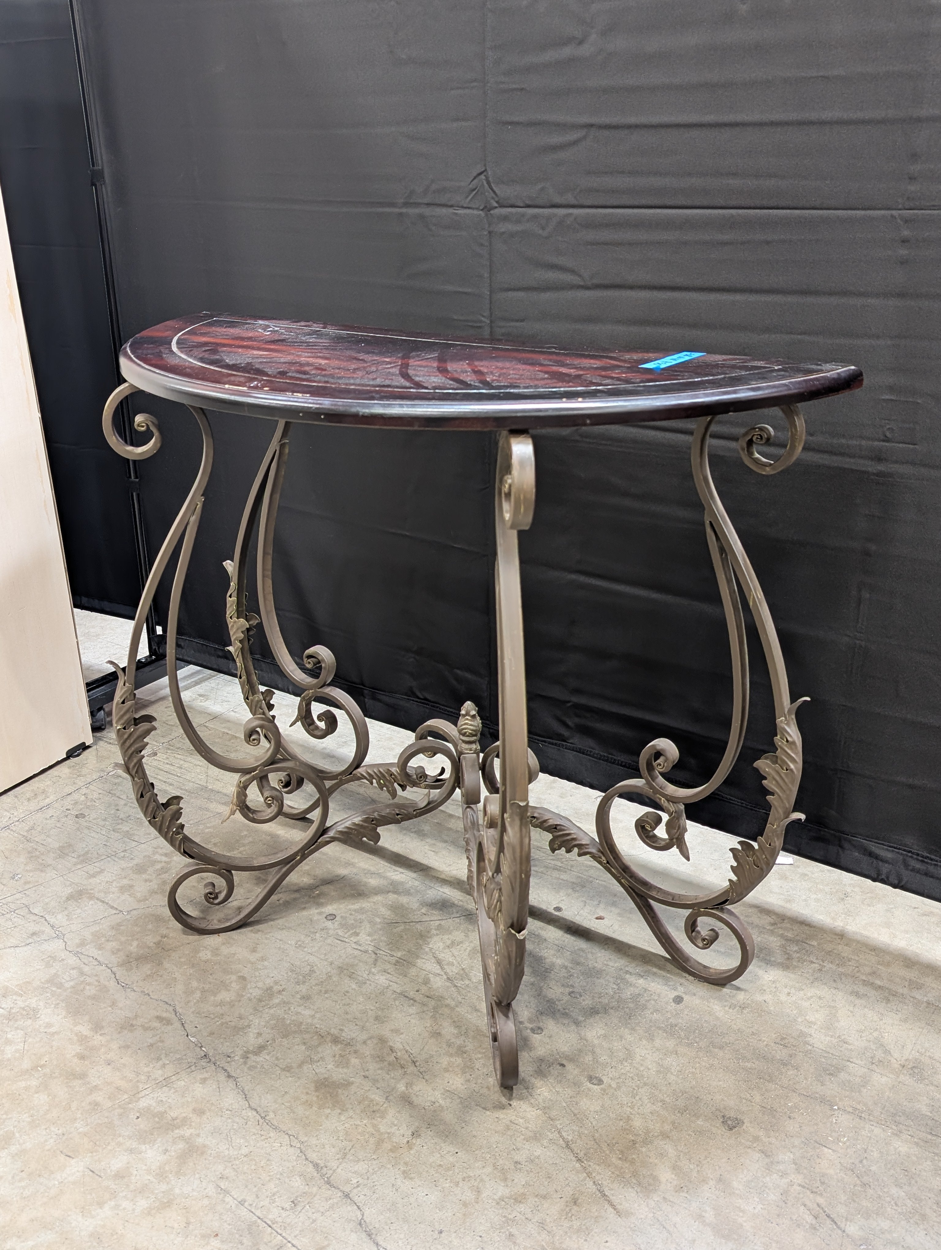Demilune Console Table with Dark Wood Top and Scroll Metal Base