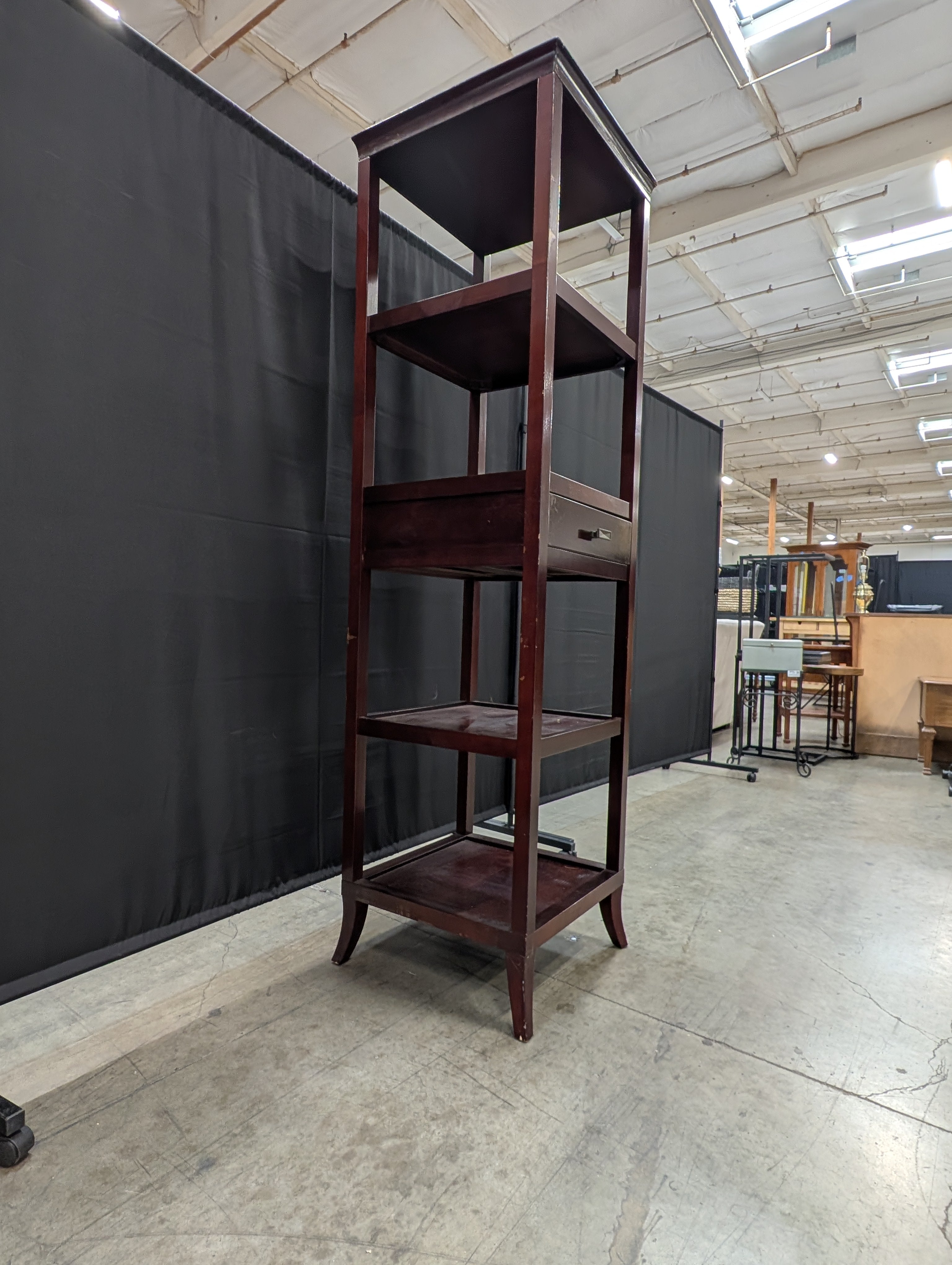 Tall Dark Wood Display Shelf with Single Drawer