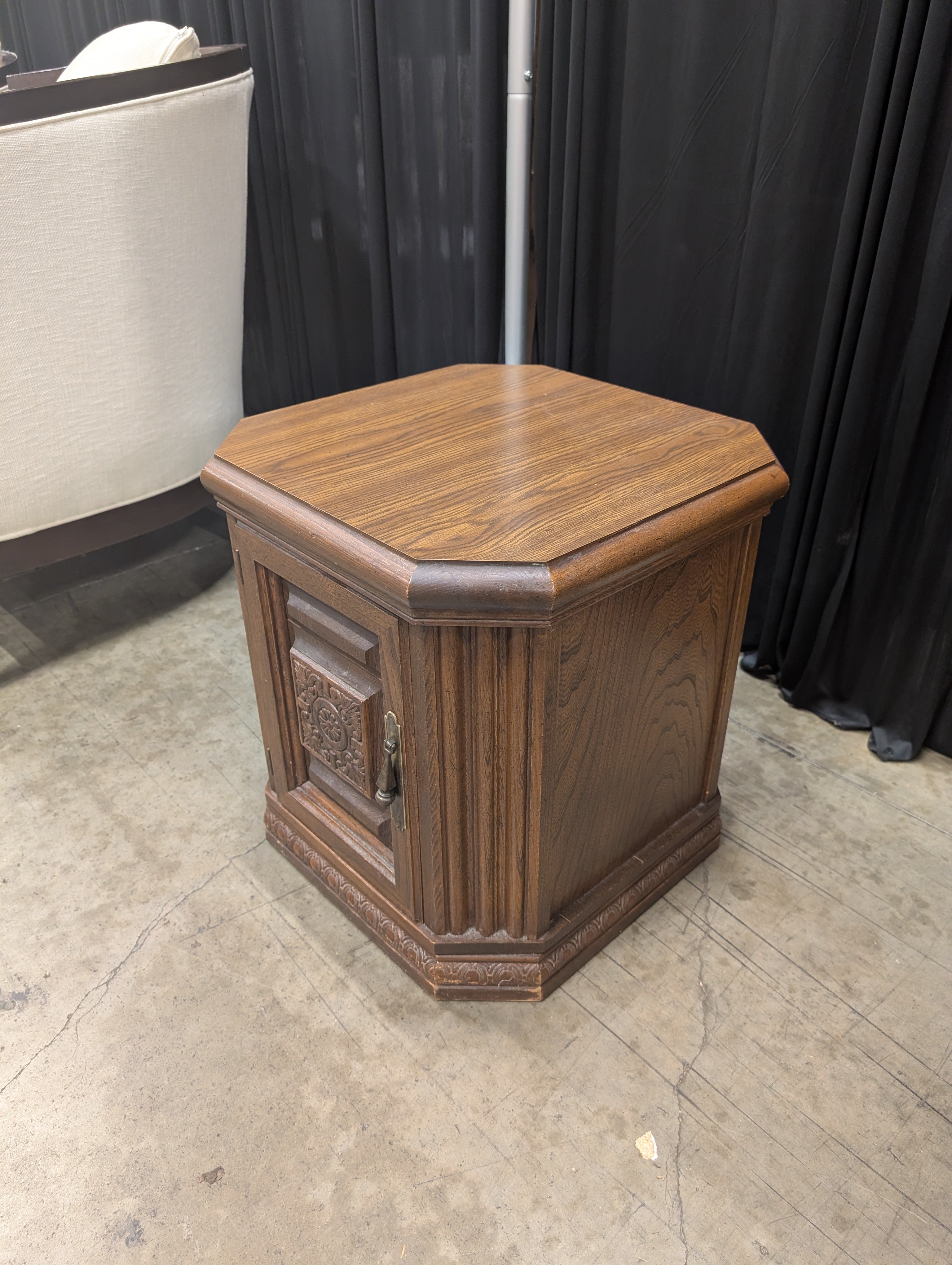 Vintage Hexagonal Wood End Table with Carved Door
