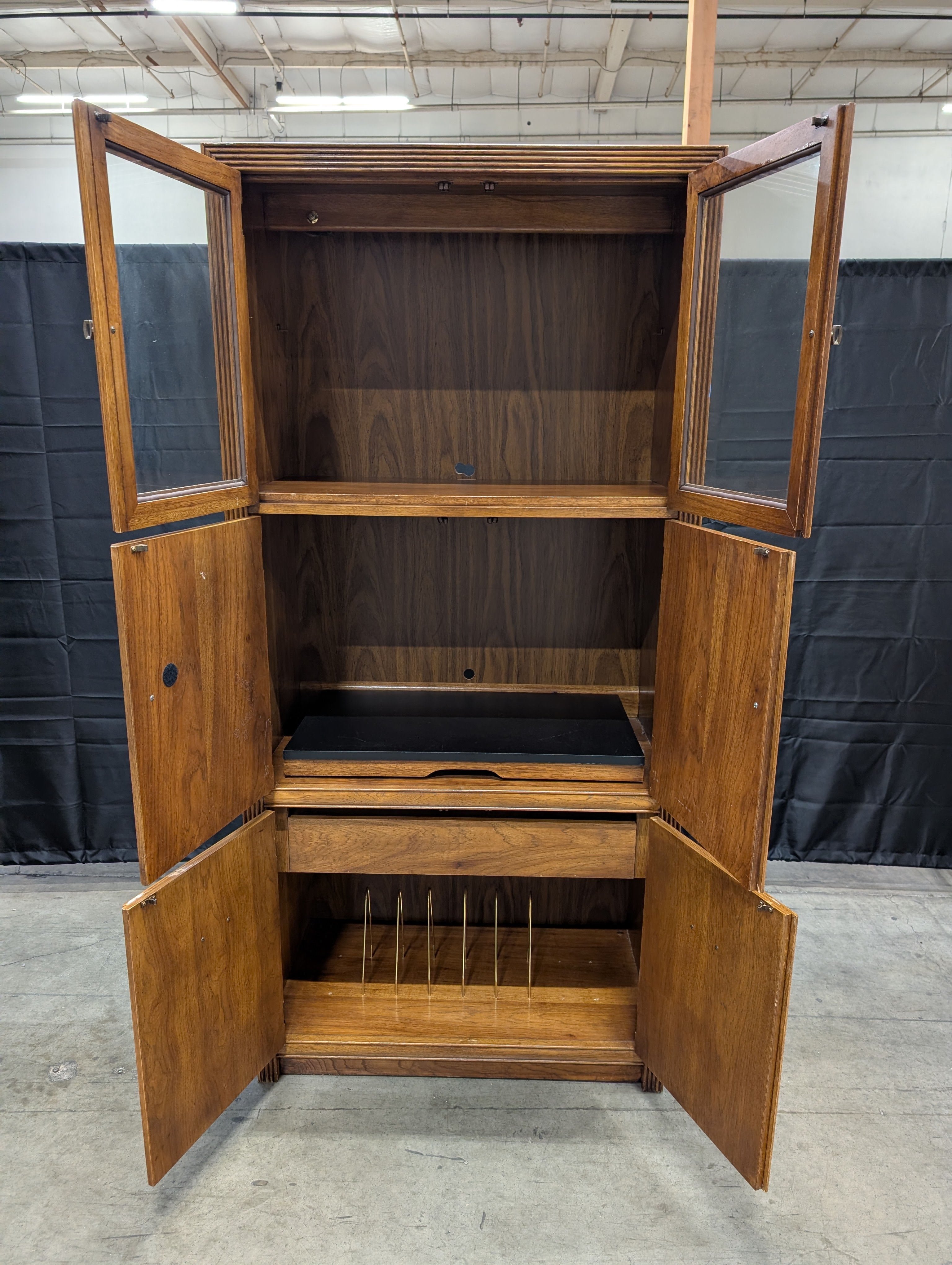 Traditional Wood Display Cabinet with Glass Doors and Starburst Panels